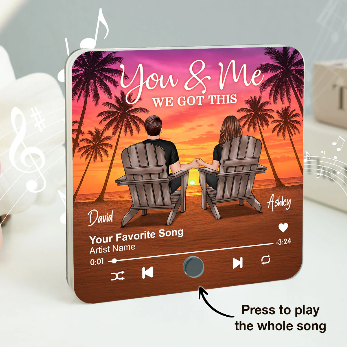 Couple Beach Sunset Under Tree Palm Personalized Music Fridge Magnet, Anniversary gift for him, for her - Image 2