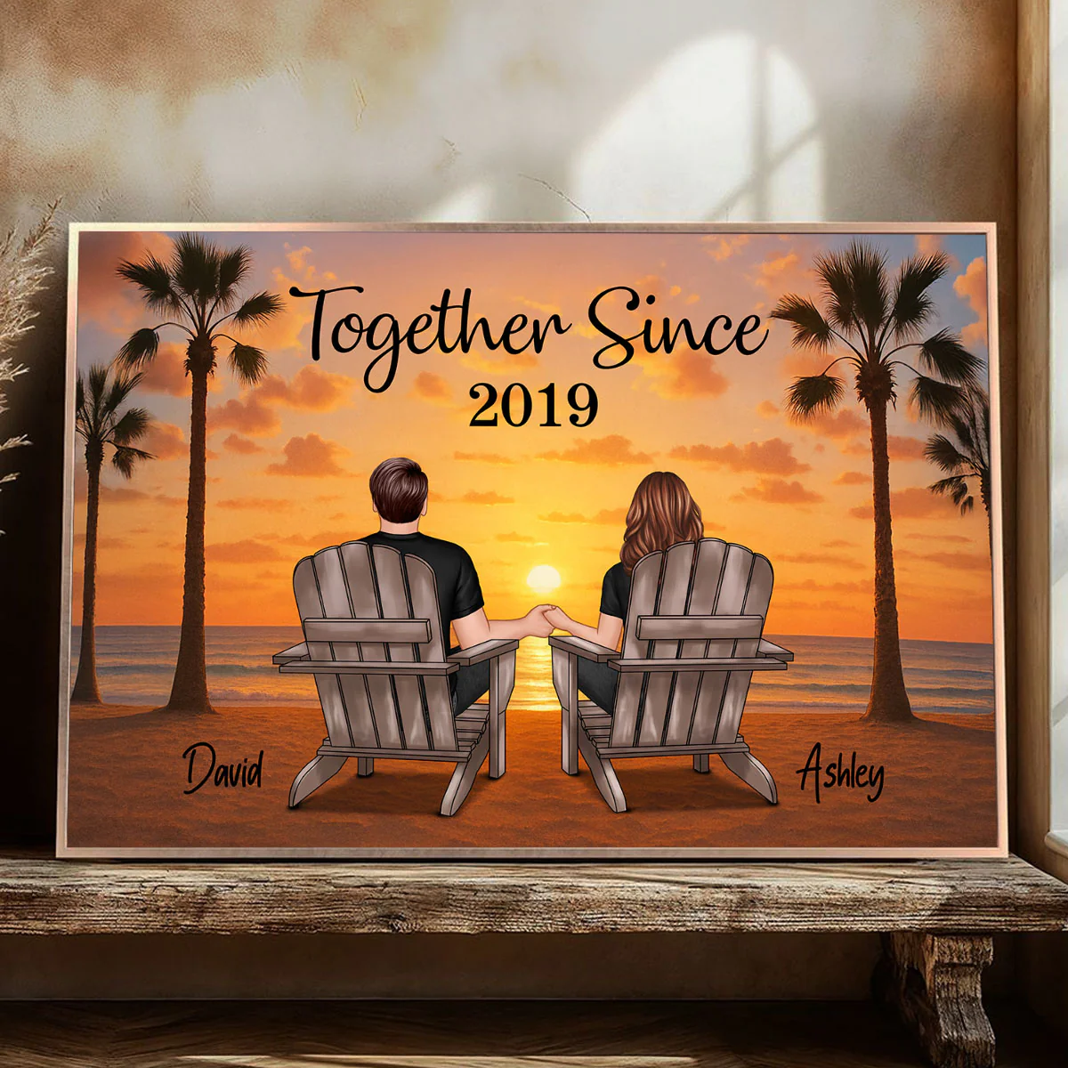 Couple Beach Sunset Under Tree Palm Personalized Poster, Anniversary gift for him, for her - Image 3
