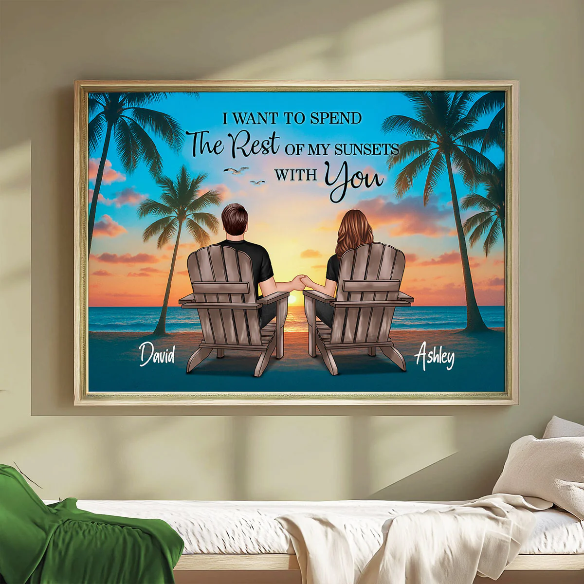 Couple Beach Sunset Under Tree Palm Personalized Poster, Anniversary gift for him, for her - Image 4