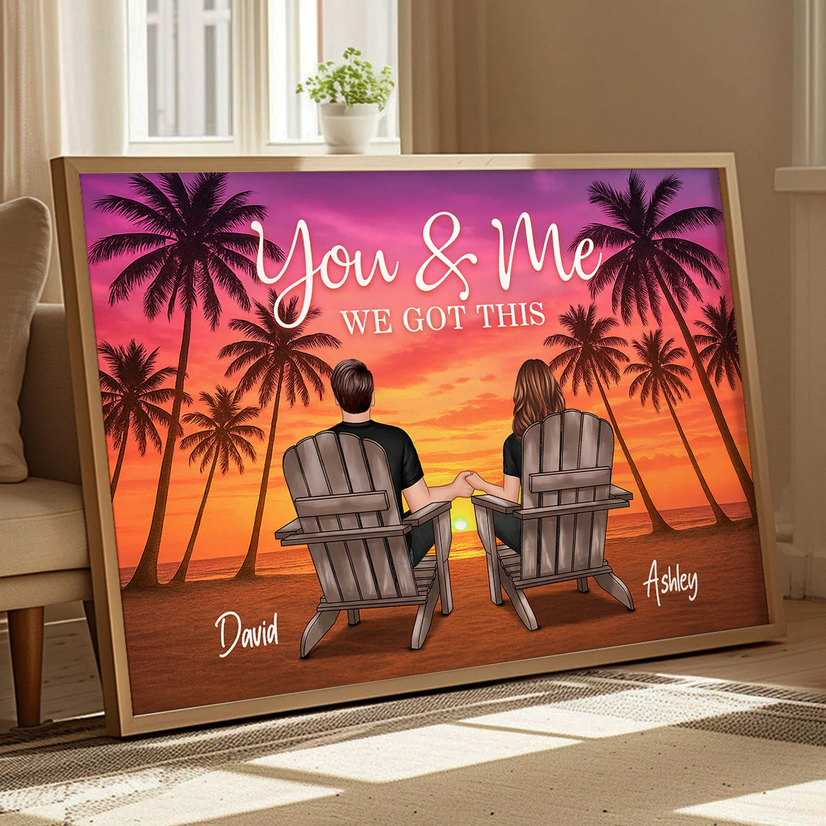 Couple Beach Sunset Under Tree Palm Personalized Poster, Anniversary gift for him, for her - Image 5