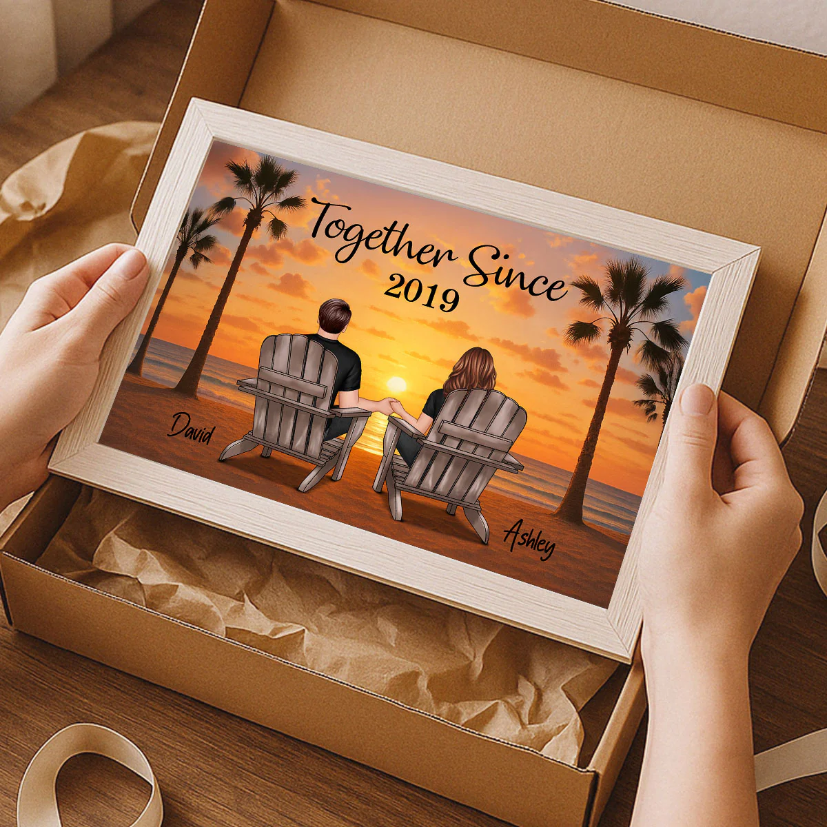 Couple Beach Sunset Under Tree Palm Personalized Poster, Anniversary gift for him, for her - Image 6
