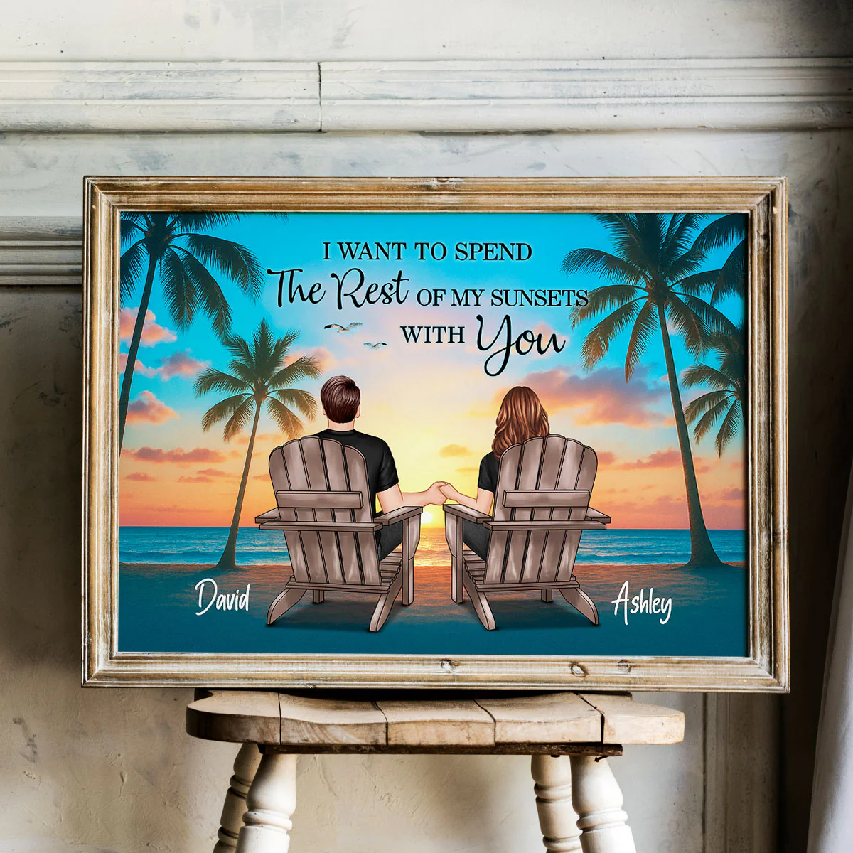 Couple Beach Sunset Under Tree Palm Personalized Poster, Anniversary gift for him, for her - Image 7