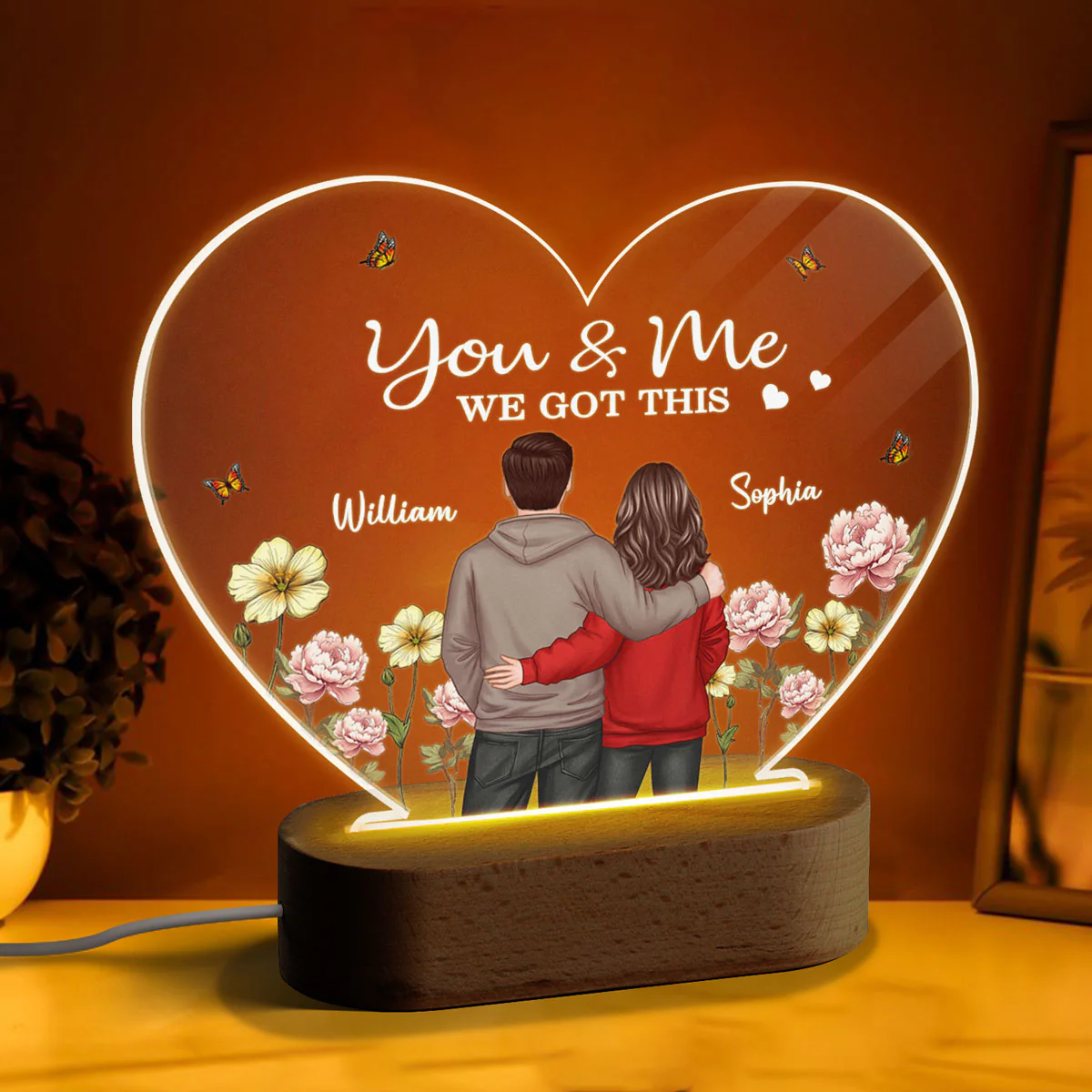 Couple Birth Month Flower Personalized Heart Acrylic Plaque LED Night Light, Heartfelt Gift For Couple, For Him, For Her, Boyfriend, Girlfriend, Husband, Wife - Image 2