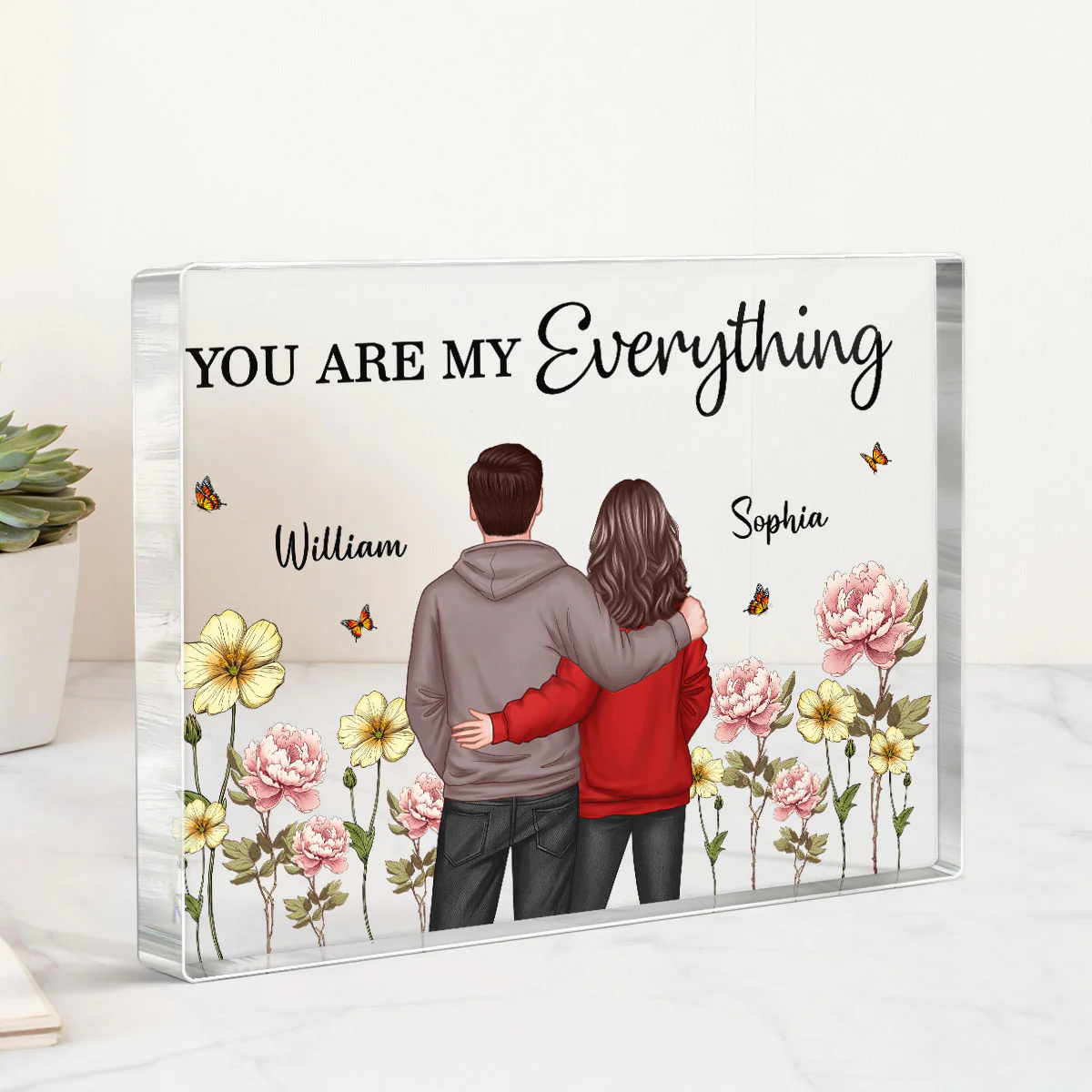 Couple Birth Month Flower Personalized Rectangle Acrylic Block Plaque, Heartfelt Gift For Couple, For Him, For Her, Boyfriend, Girlfriend, Husband, Wife - Image 4