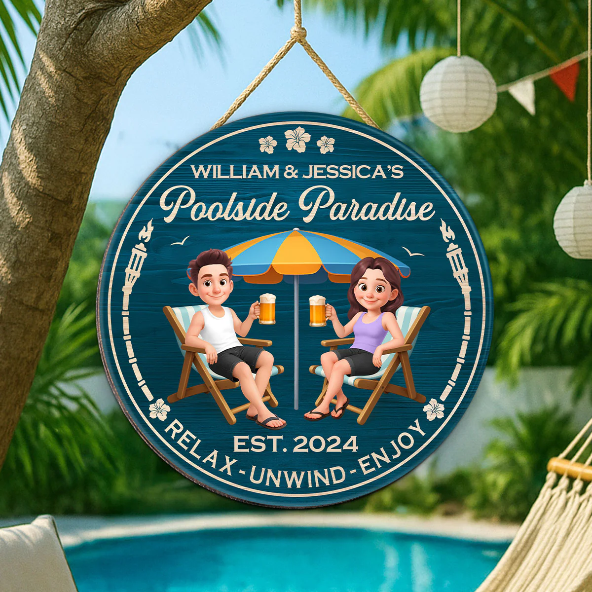 Couple Blue Ocean Poolside Paradise Personalized Wood Sign