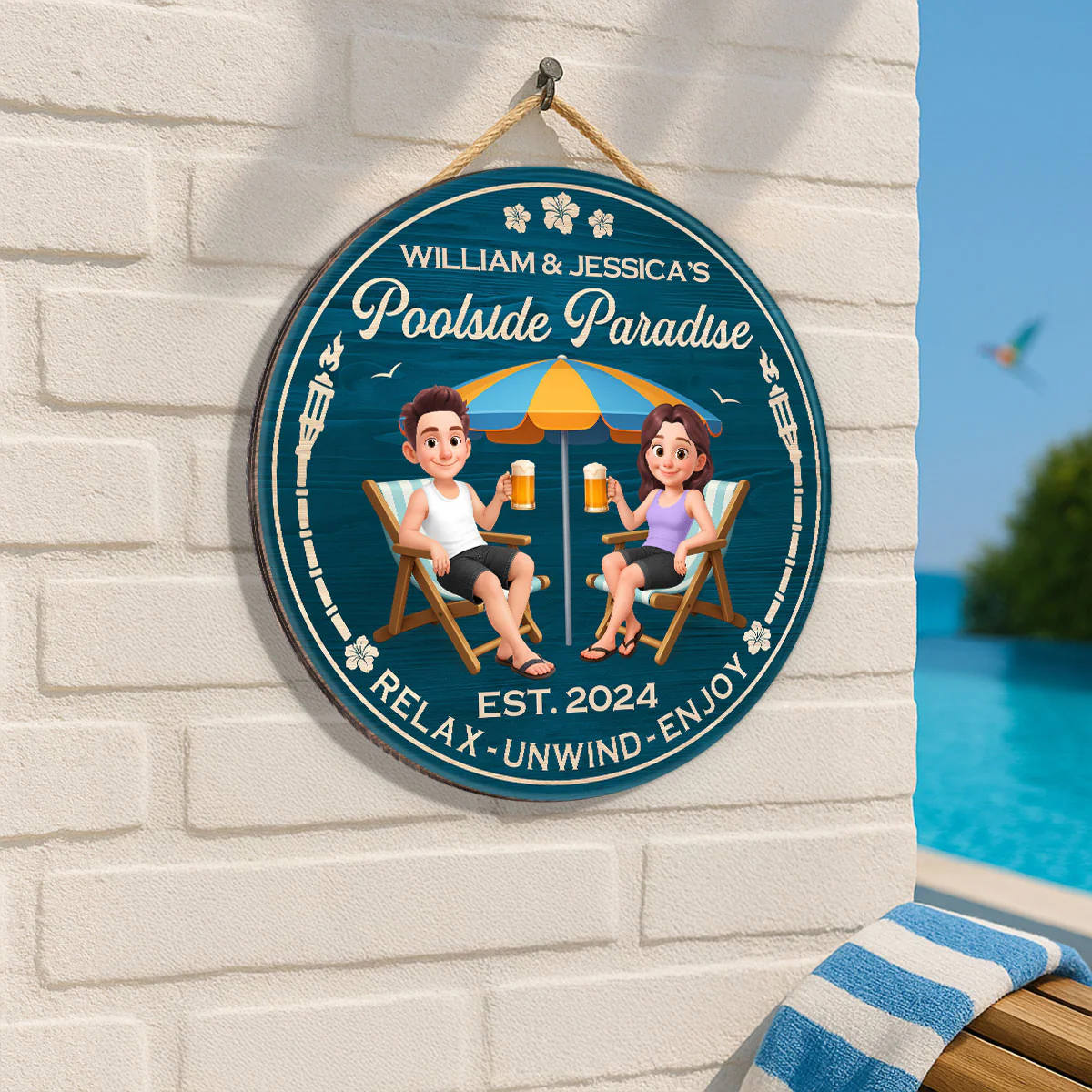 Couple Blue Ocean Poolside Paradise Personalized Wood Sign - Image 2