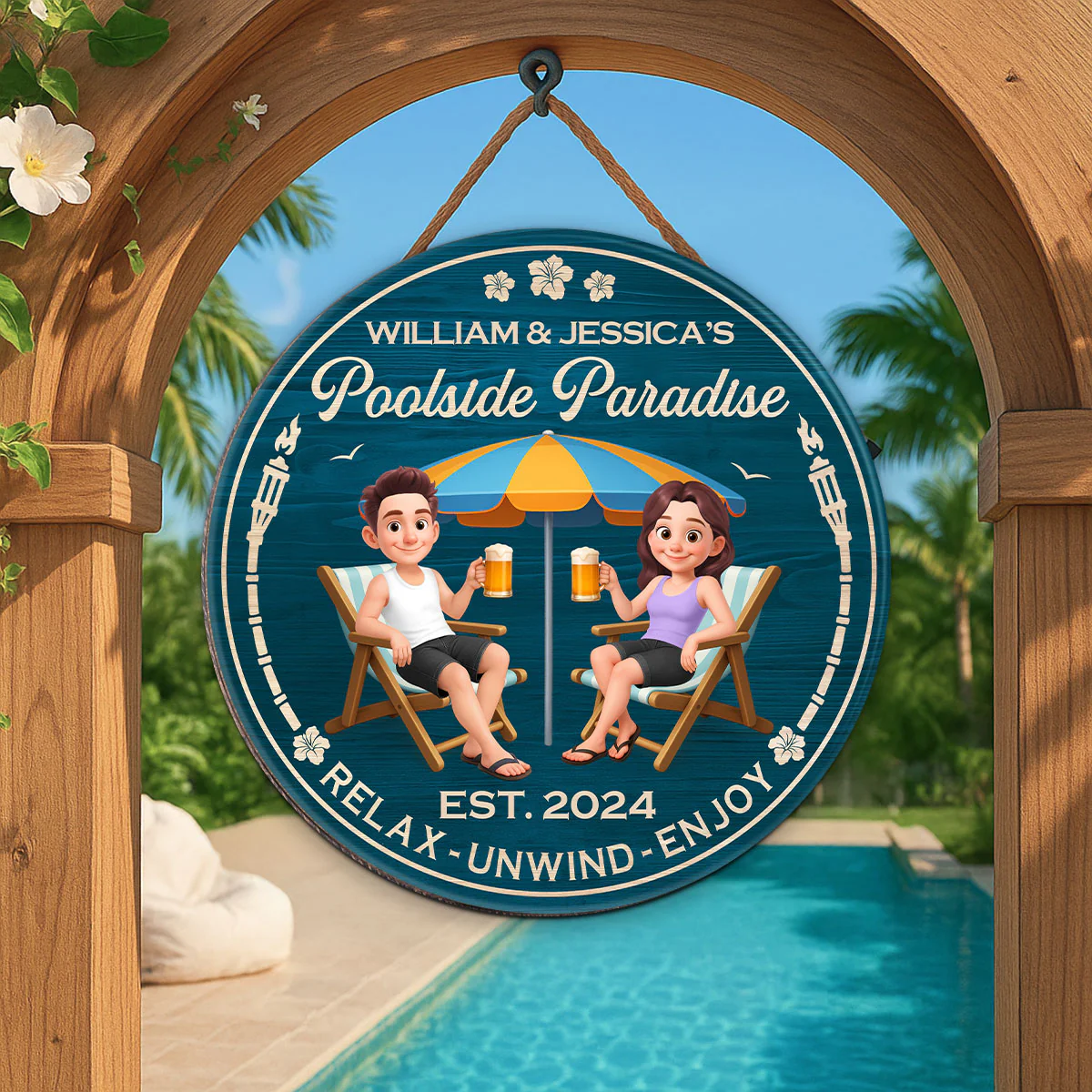 Couple Blue Ocean Poolside Paradise Personalized Wood Sign - Image 3