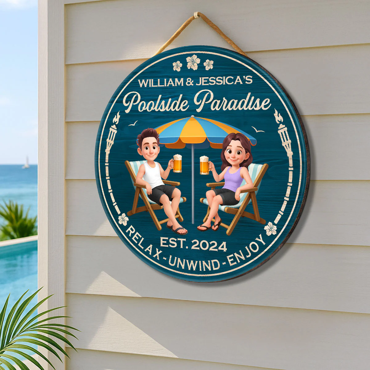 Couple Blue Ocean Poolside Paradise Personalized Wood Sign - Image 4