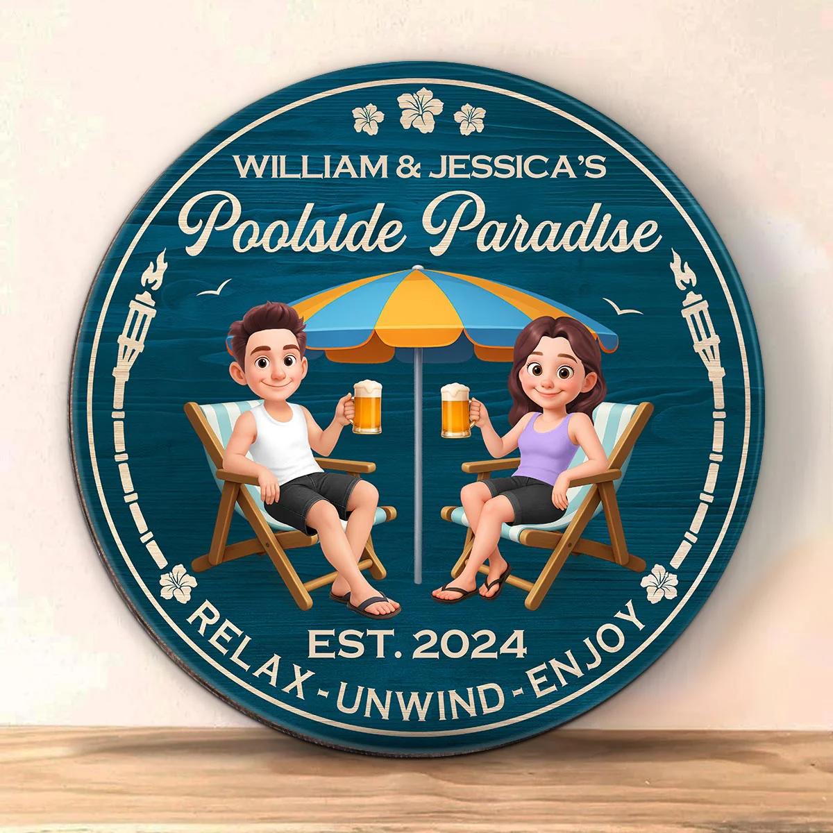 Couple Blue Ocean Poolside Paradise Personalized Wood Sign - Image 5