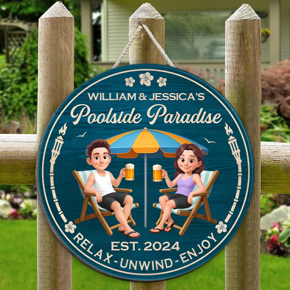 Couple Blue Ocean Poolside Paradise Personalized Wood Sign - Image 7