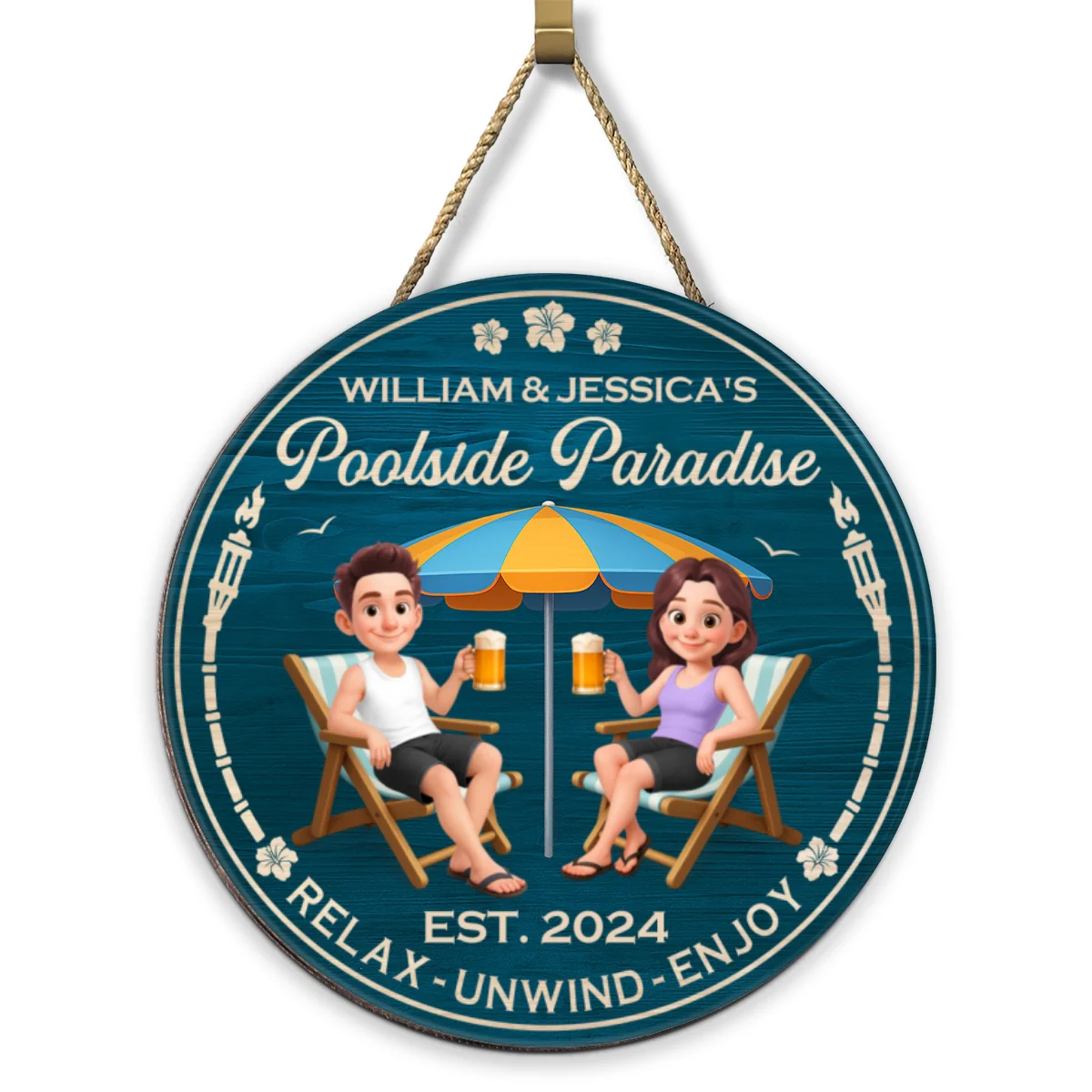 Couple Blue Ocean Poolside Paradise Personalized Wood Sign - Image 8