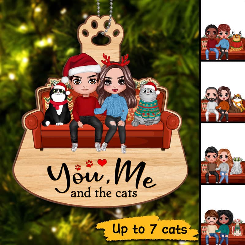 Couple & Cats On Sofa Simple Personalized Wooden Ornament - Image 2
