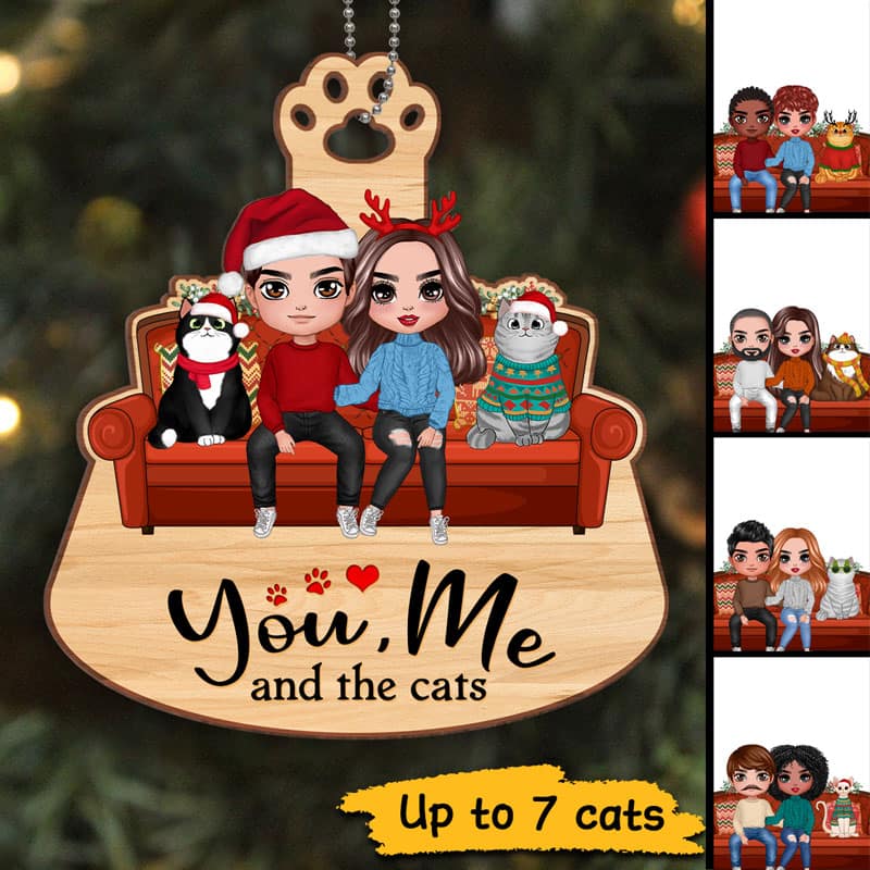 Couple & Cats On Sofa Simple Personalized Wooden Ornament - Image 3