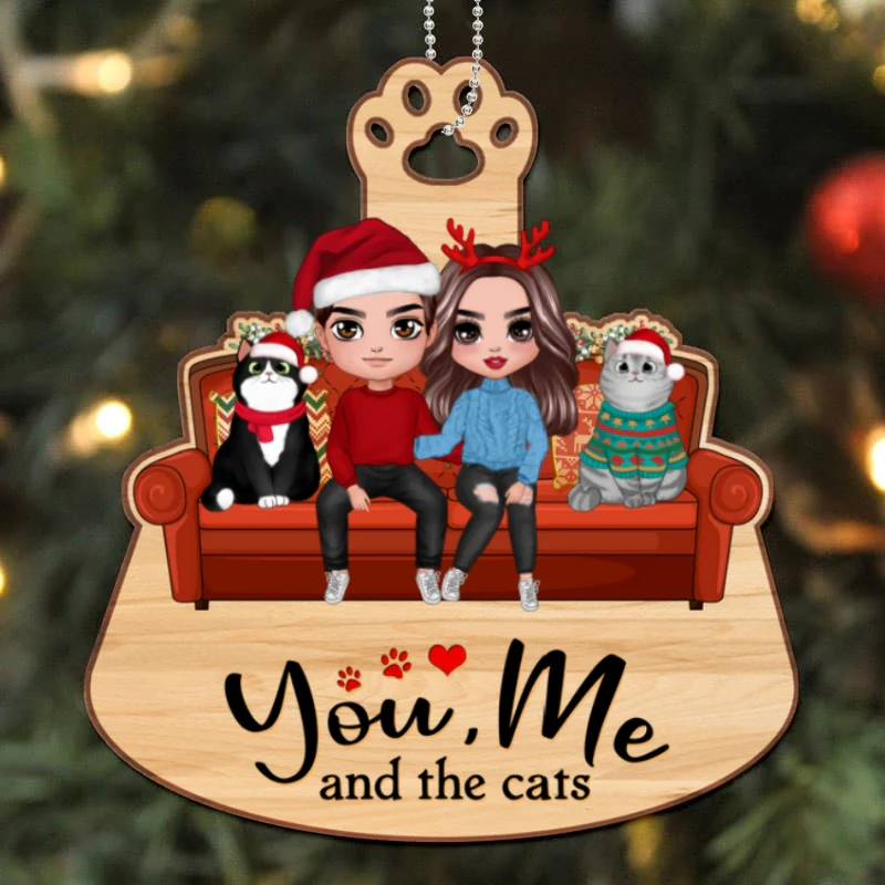 Couple & Cats On Sofa Simple Personalized Wooden Ornament - Image 4
