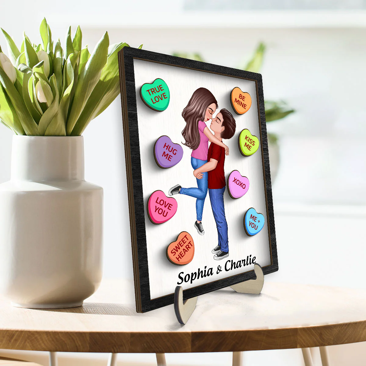 Couple Conversation Hearts Valentine‘s Day Gift Personalized 2-Layer Wooden Plaque - Image 3