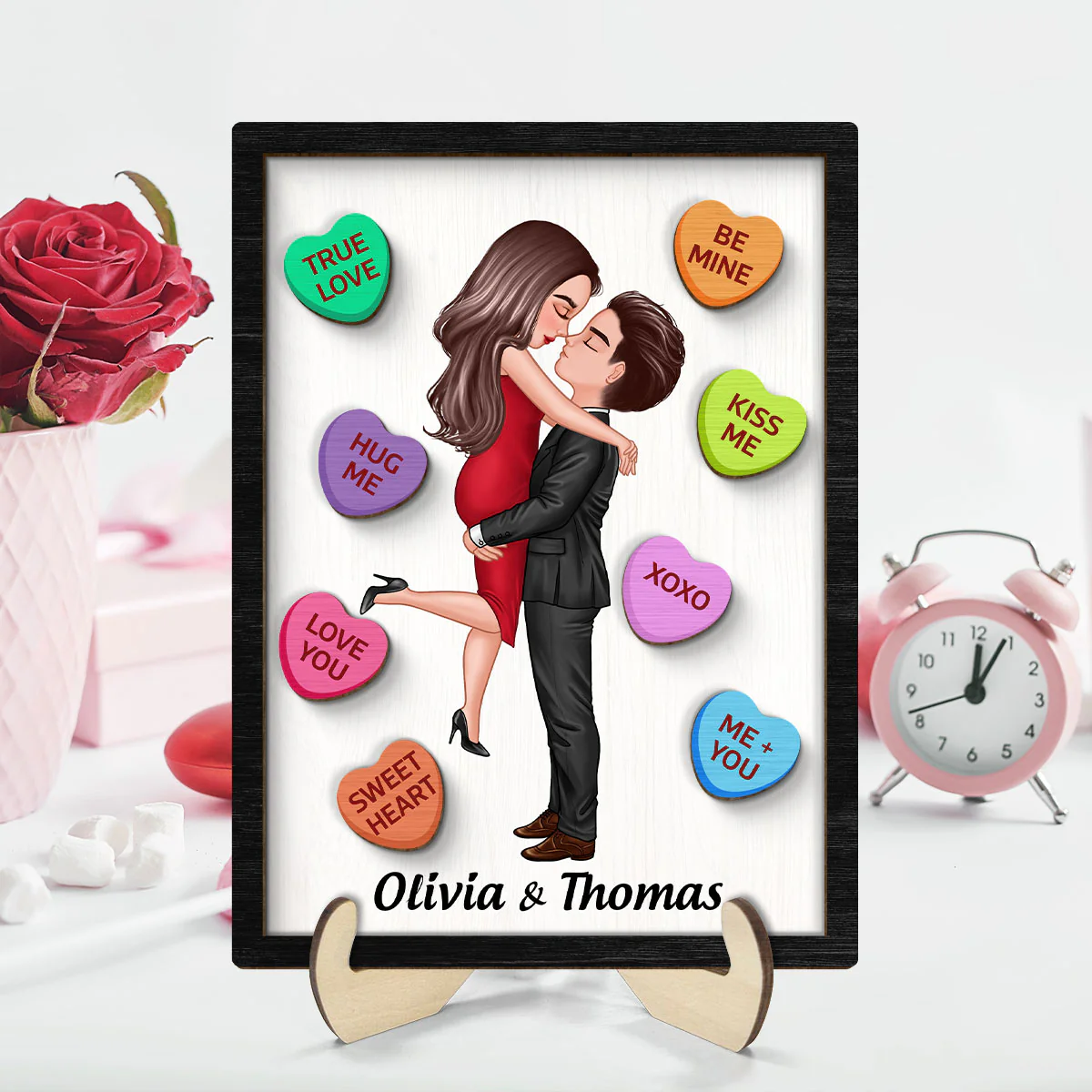 Couple Conversation Hearts Valentine‘s Day Gift Personalized 2-Layer Wooden Plaque - Image 7