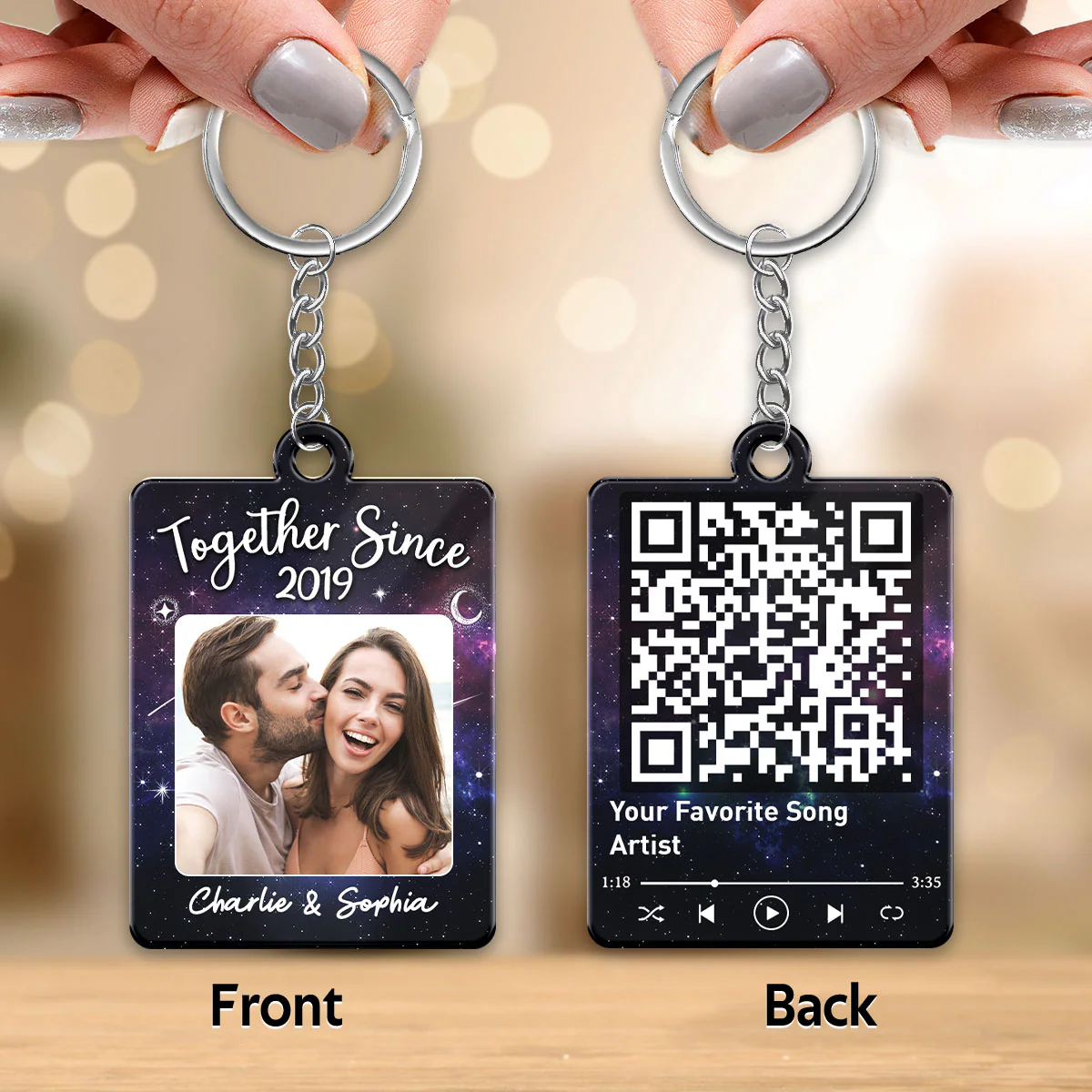 Couple Custom Photo Galaxy Night Favorite Song Scannable QR Code Personalized Acrylic Keychain - Image 3