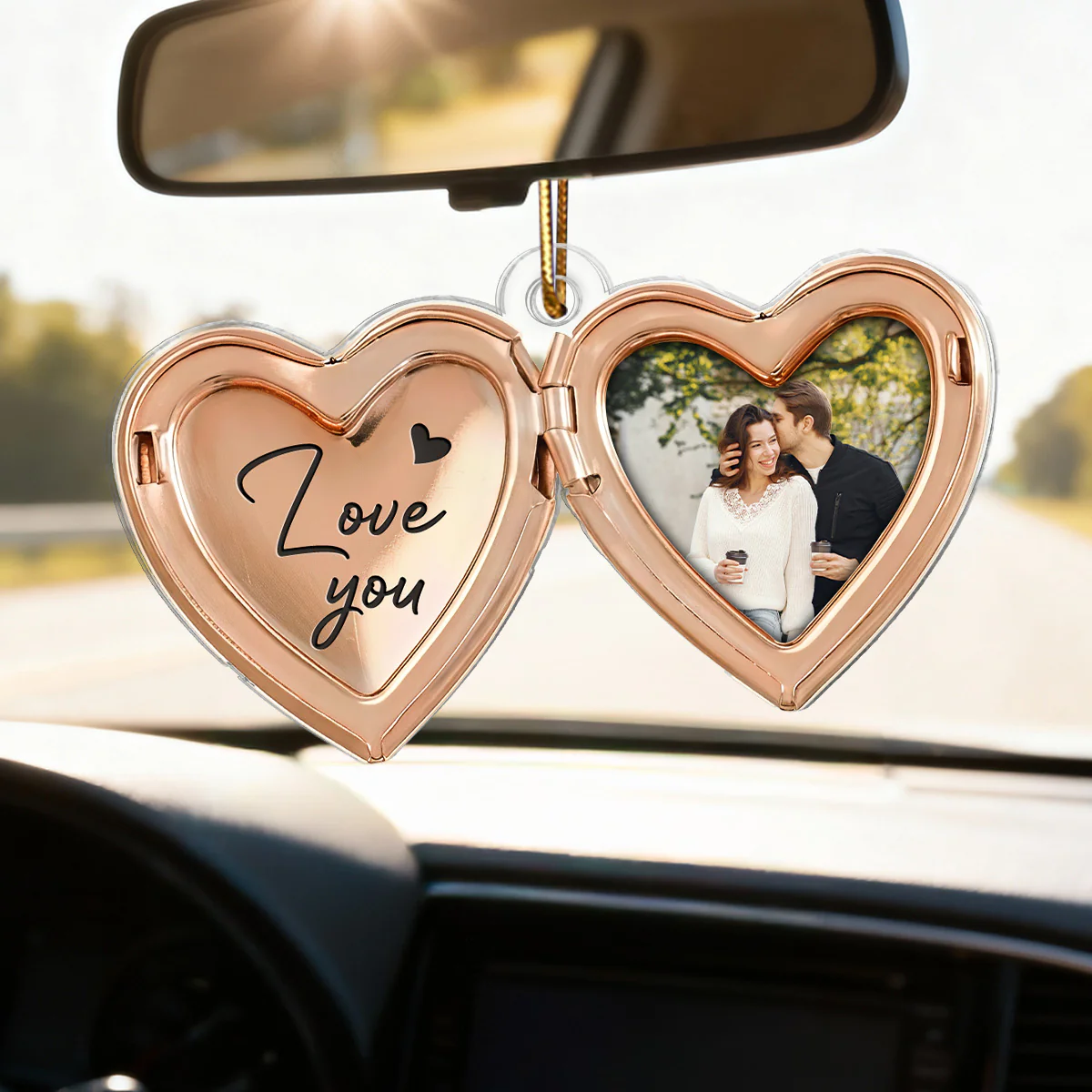 Couple Custom Photo Heart Locket Illustration 2D Flat - Personalized Acrylic Car Hanger Ornament - Gift For Her, Gift For Him