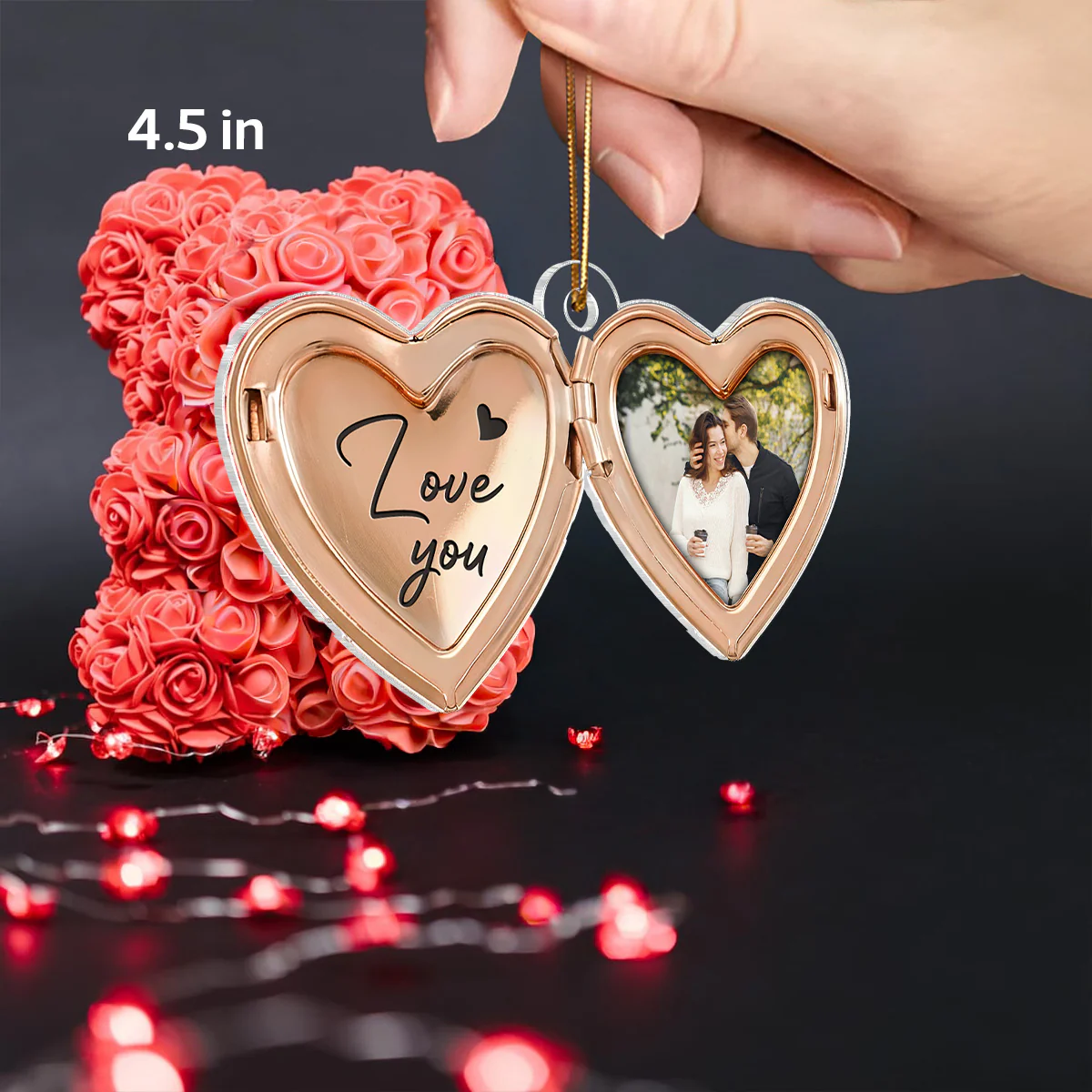 Couple Custom Photo Heart Locket Illustration 2D Flat - Personalized Acrylic Car Hanger Ornament - Gift For Her, Gift For Him - Image 2