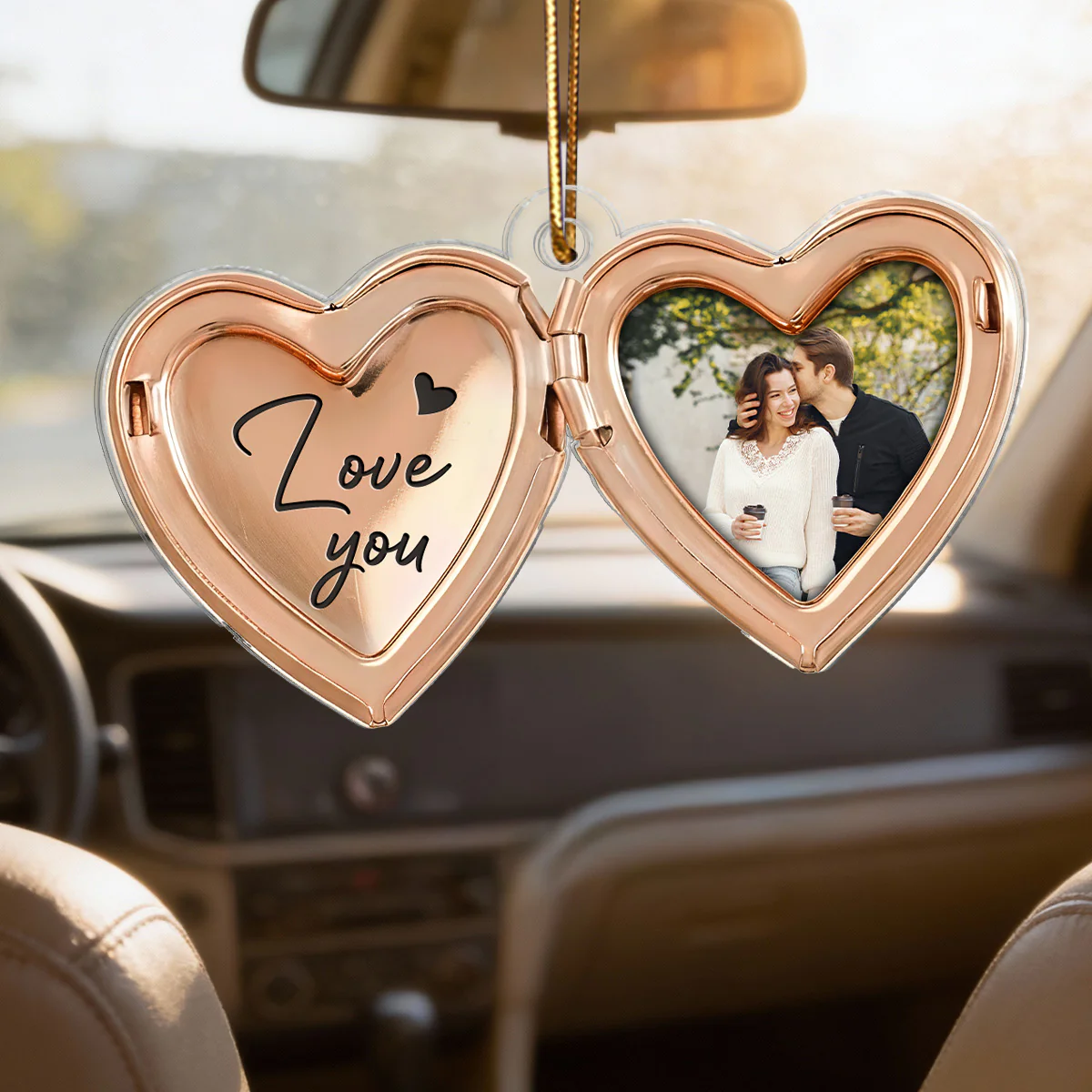 Couple Custom Photo Heart Locket Illustration 2D Flat - Personalized Acrylic Car Hanger Ornament - Gift For Her, Gift For Him - Image 3