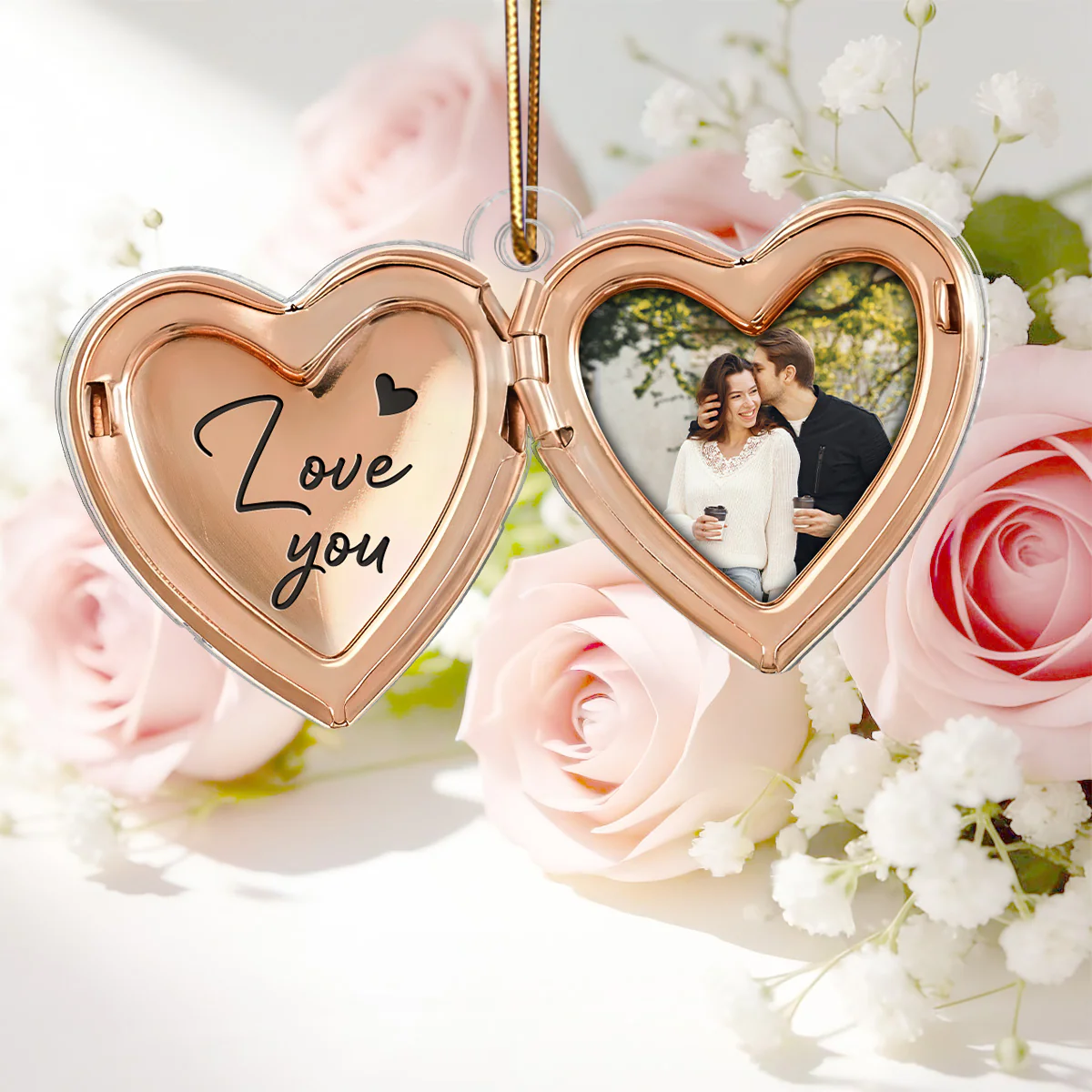 Couple Custom Photo Heart Locket Illustration 2D Flat - Personalized Acrylic Car Hanger Ornament - Gift For Her, Gift For Him - Image 4