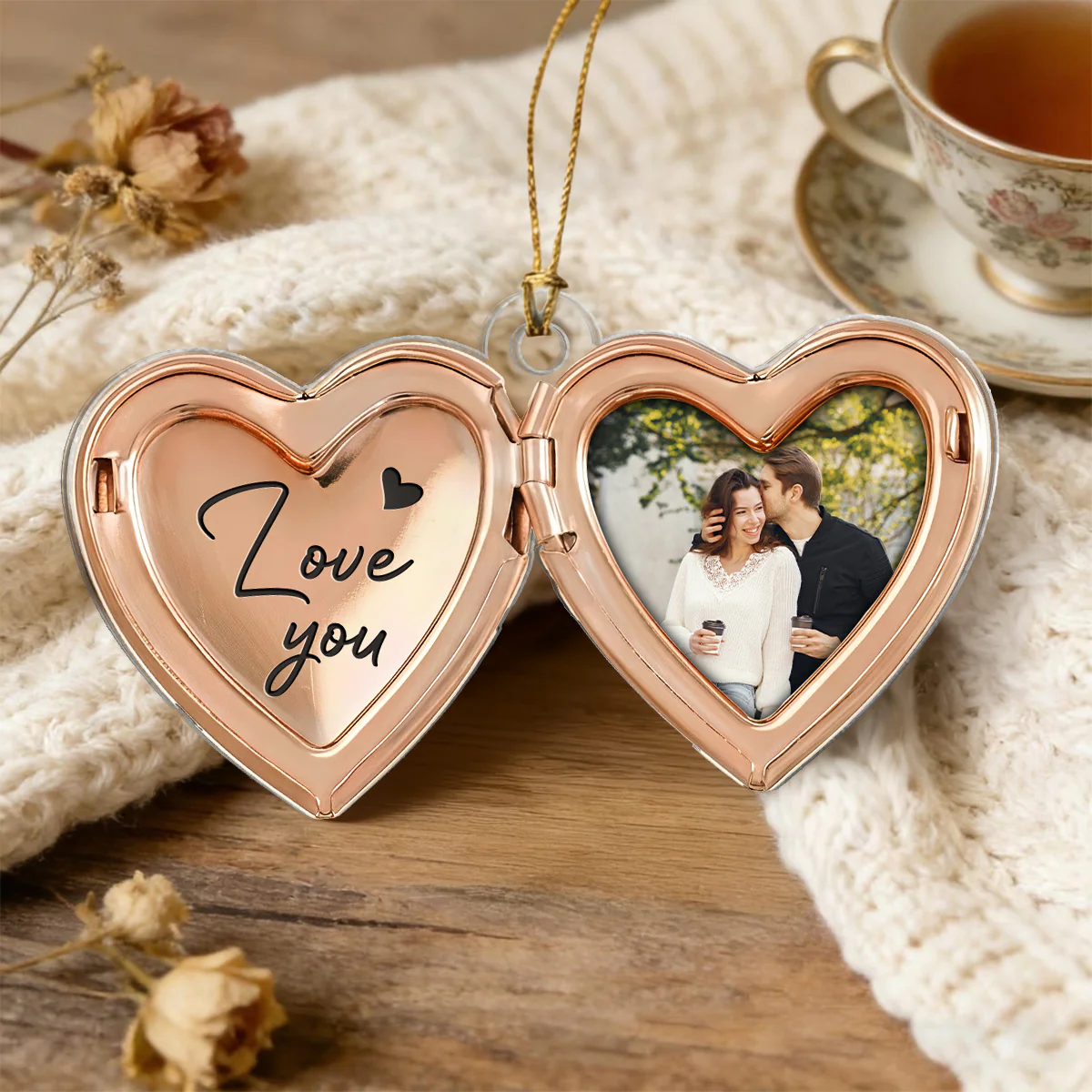 Couple Custom Photo Heart Locket Illustration 2D Flat - Personalized Acrylic Car Hanger Ornament - Gift For Her, Gift For Him - Image 5
