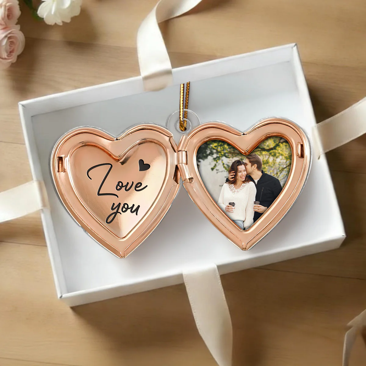 Couple Custom Photo Heart Locket Illustration 2D Flat - Personalized Acrylic Car Hanger Ornament - Gift For Her, Gift For Him - Image 6