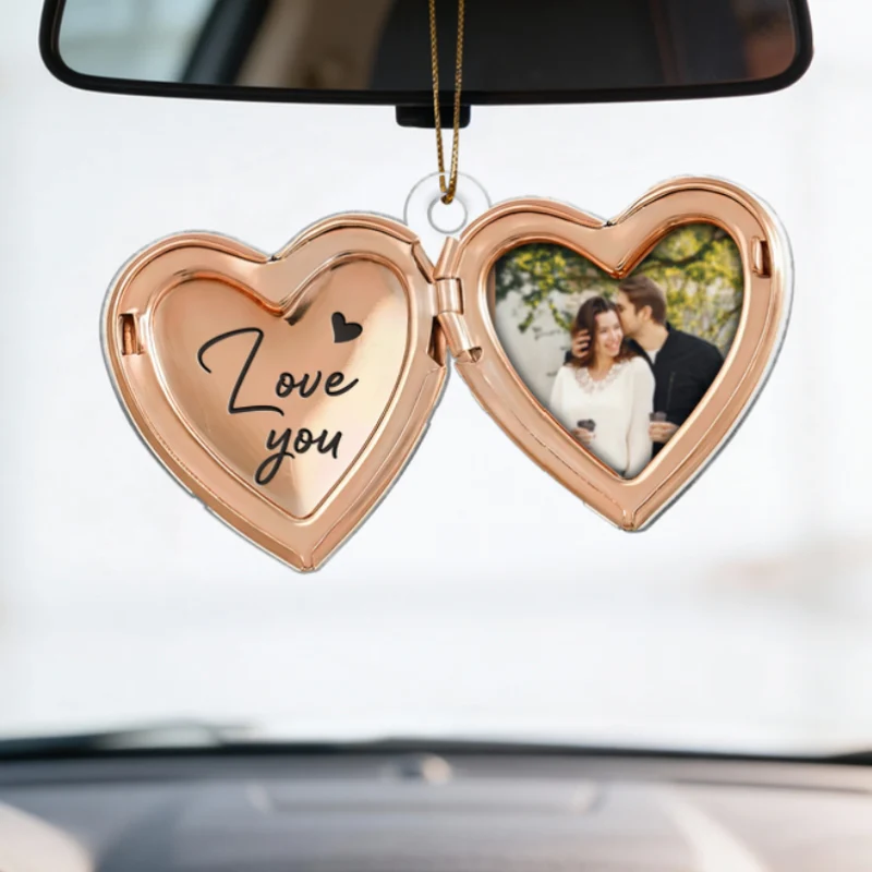 Couple Custom Photo Heart Locket Illustration 2D Flat - Personalized Acrylic Car Hanger Ornament - Gift For Her, Gift For Him - Image 8
