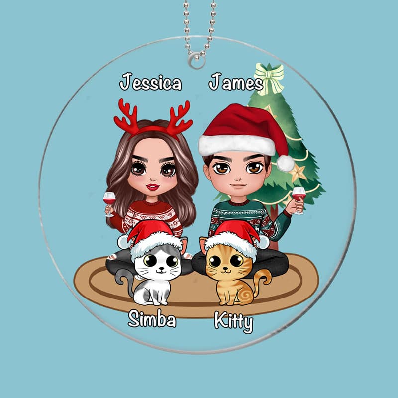 Couple Cute Fluffy Cats Sitting Christmas Personalized Acrylic Ornament - Image 2