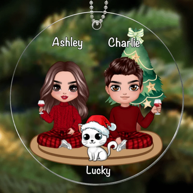 Couple Cute Fluffy Cats Sitting Christmas Personalized Acrylic Ornament - Image 4