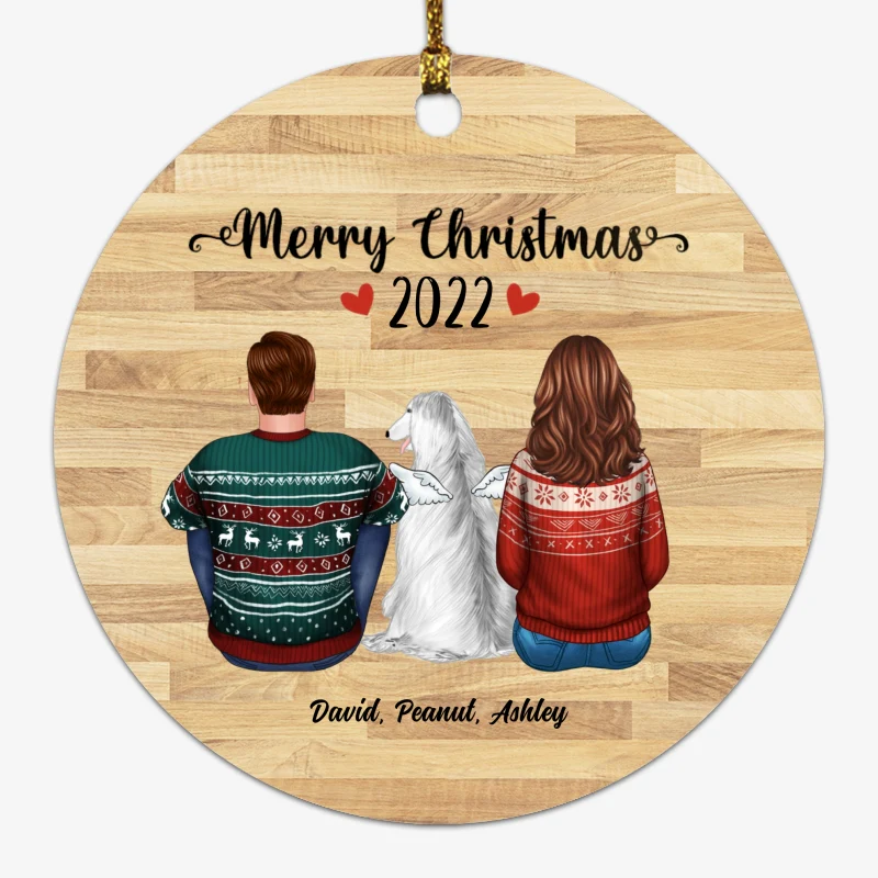Couple & Dog Back View Memorial Wood Effect Personalized Circle Ornament - Image 2