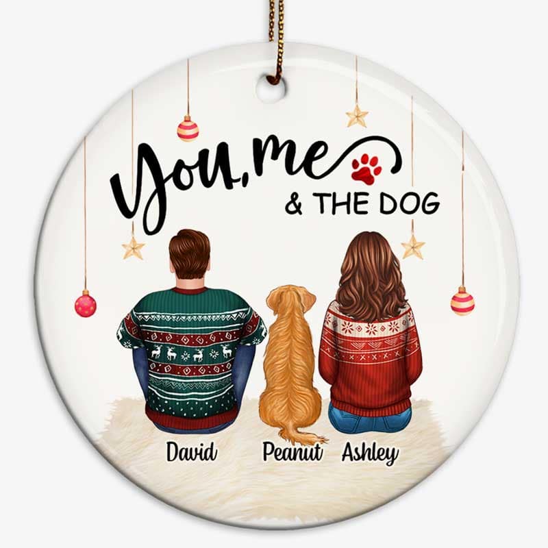 Couple & Dog Cat Back View Personalized Circle Ornament