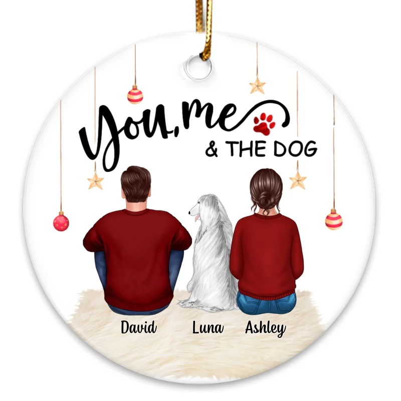 Couple & Dog Cat Back View Personalized Circle Ornament - Image 3