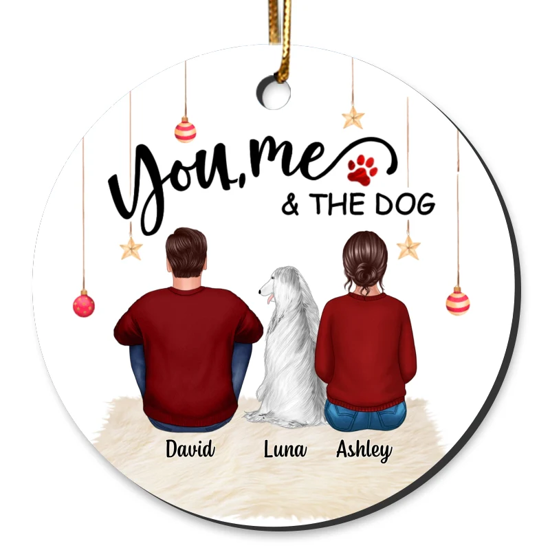 Couple & Dog Cat Back View Personalized Circle Ornament - Image 4