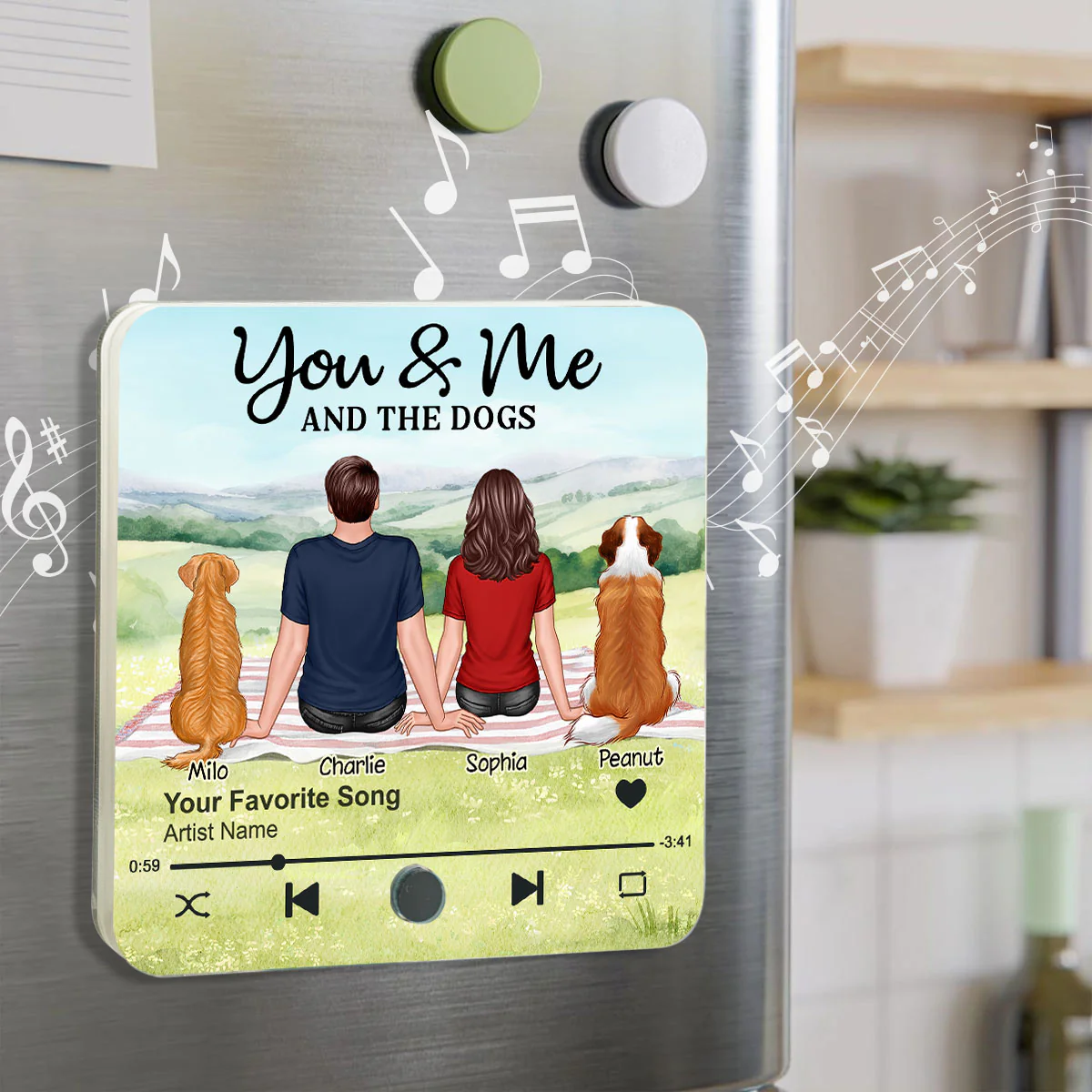 Couple & Dog Picnic In Park Personalized Music Fridge Magnet, Gift For Him, For Her - Image 2