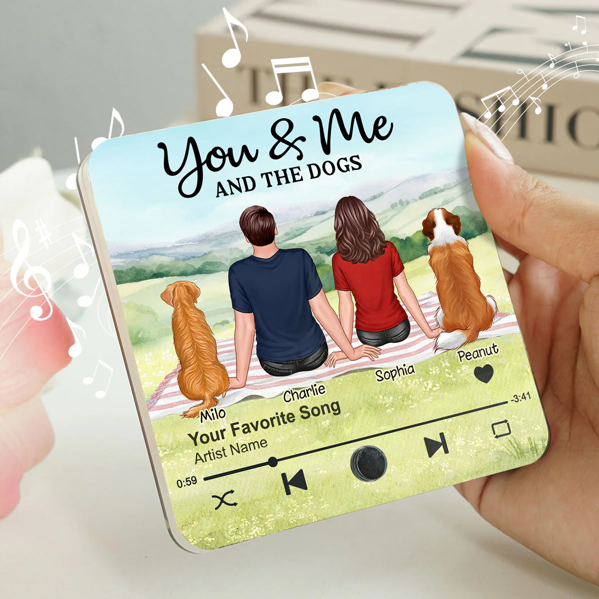 Couple & Dog Picnic In Park Personalized Music Fridge Magnet, Gift For Him, For Her - Image 3