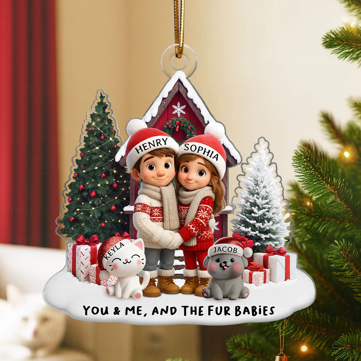 Couple & Dogs Cats Farm House - Personalized Acrylic Ornament - Christmas Gift for him, Gift for her, Gift for Pet Lovers - Image 4