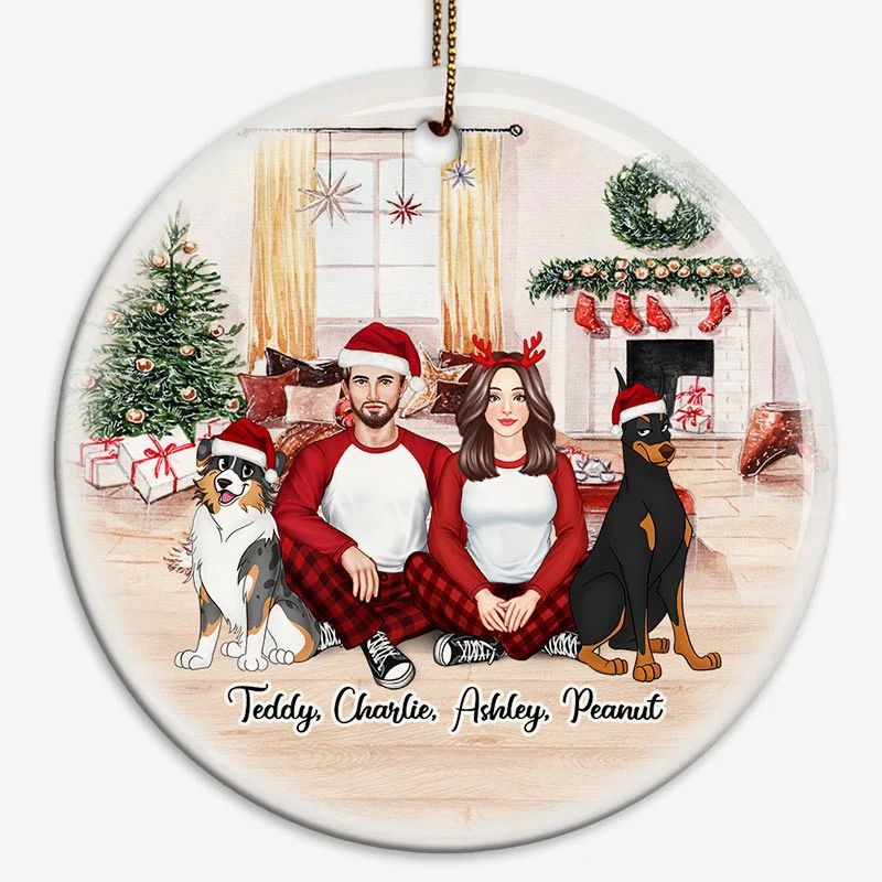 Couple & Dogs Front View In House Personalized Circle Ornament