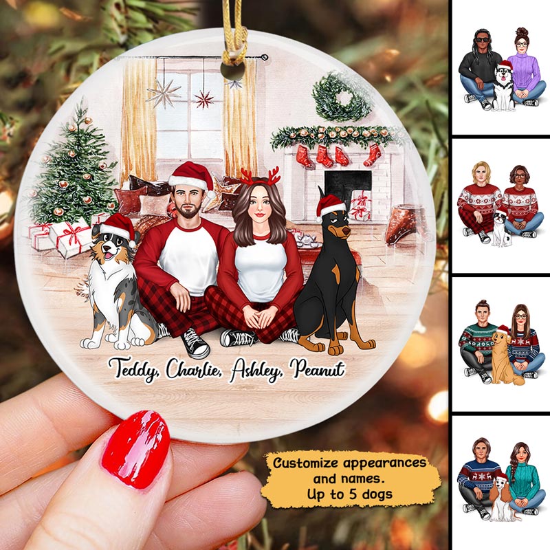 Couple & Dogs Front View In House Personalized Circle Ornament - Image 2