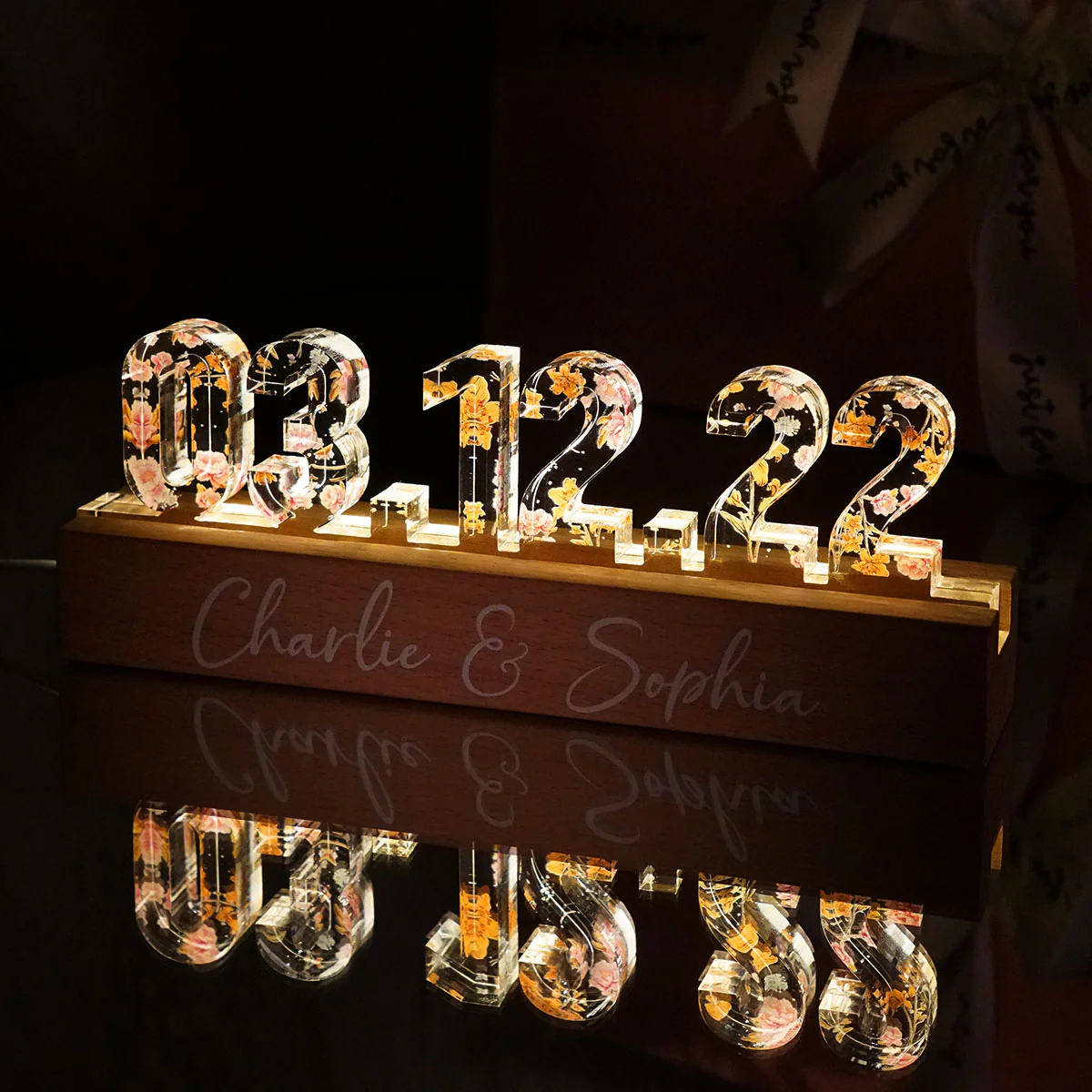 Couple Engagement Wedding Anniversary Special Date Custom Flower Printed LED Night Light, Unique Valentine's Day Gift For Him, Gift For Her - Image 7