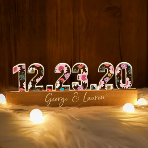 Couple Engagement Anniversary Date Flowers Personalized Custom LED Night Light, Gift for her, Gift for him - Image 2