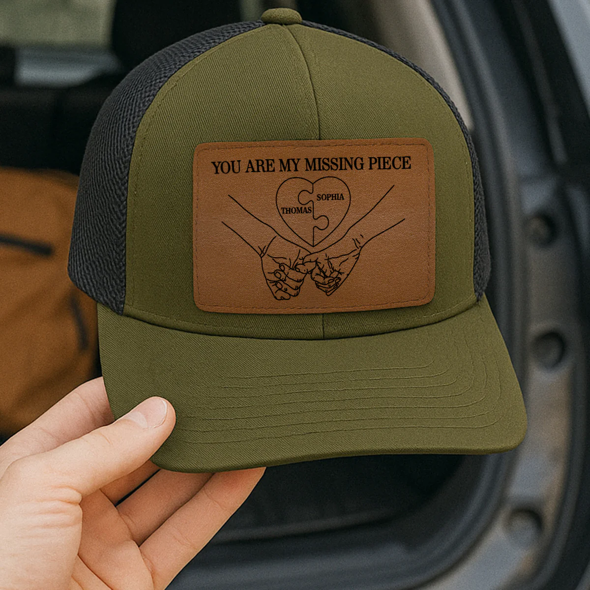 Couple Eternal Love You Are My Missing Piece - Personalized Leather Patch Hat - Valentine's Day Gift For Couple, For Him, Her - Image 3