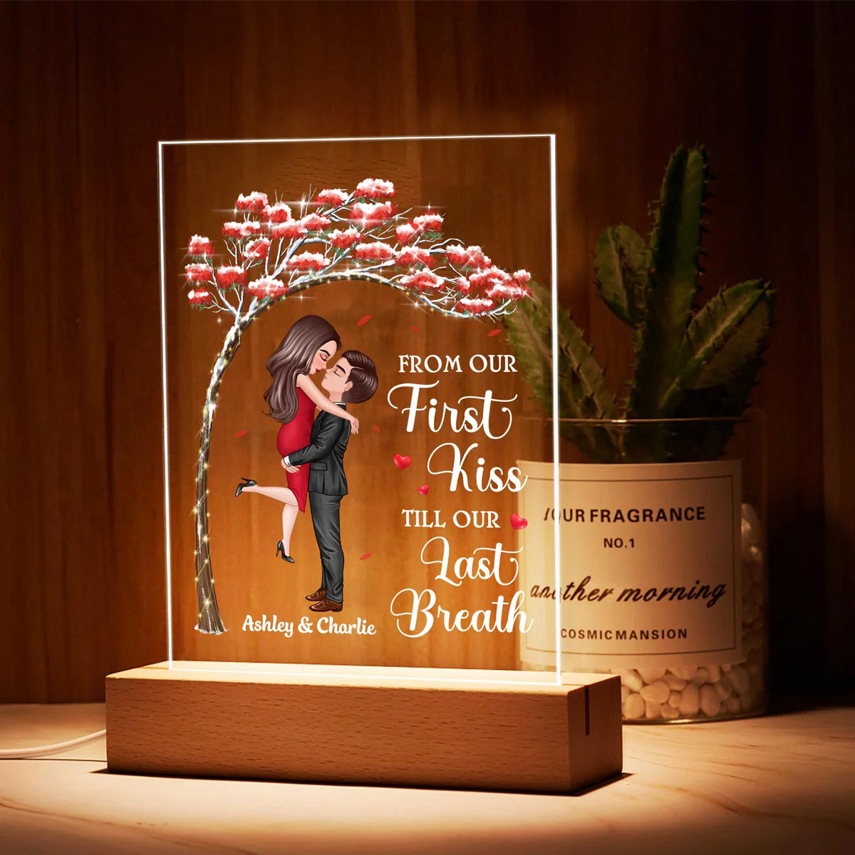 Couple First Kiss Red Tree Personalized LED Night Light, Acrylic LED Lamp - Image 3