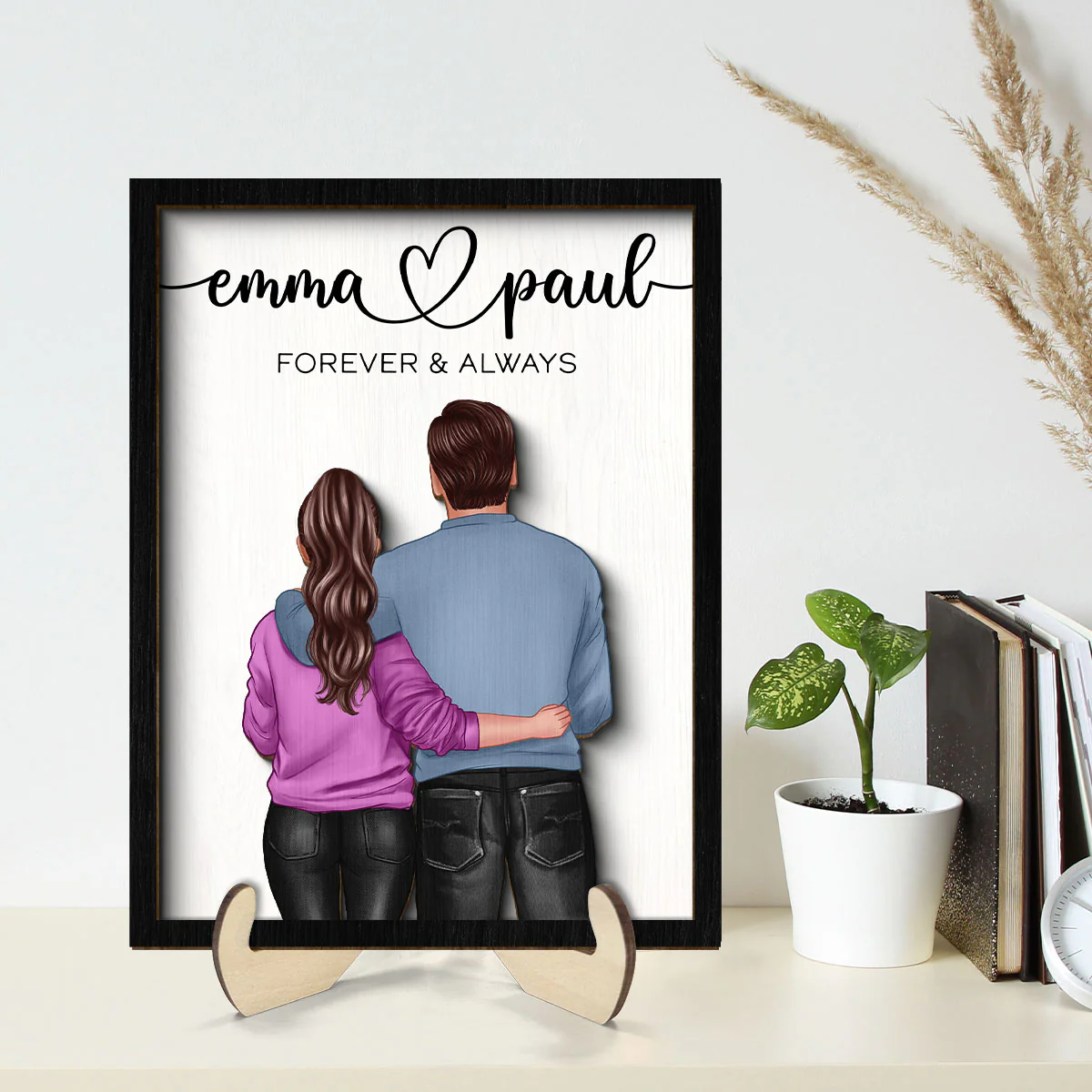 Couple Forever & Always Standing Back View Valentine‘s Day Gift For Him Gift For Her Personalized 2-Layer Wooden Plaque - Image 2