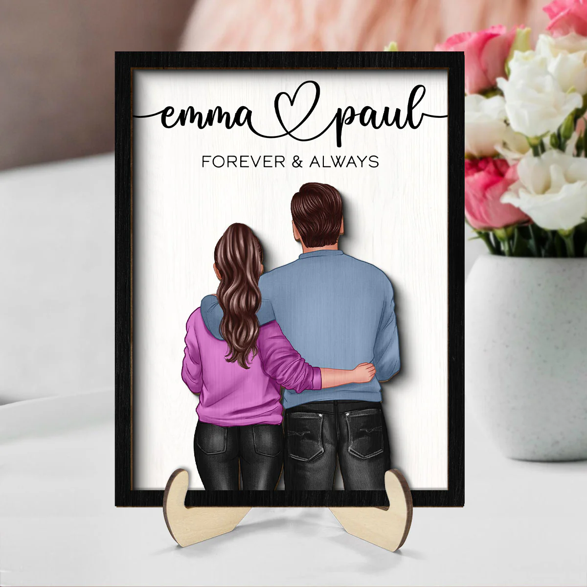 Couple Forever & Always Standing Back View Valentine‘s Day Gift For Him Gift For Her Personalized 2-Layer Wooden Plaque - Image 7