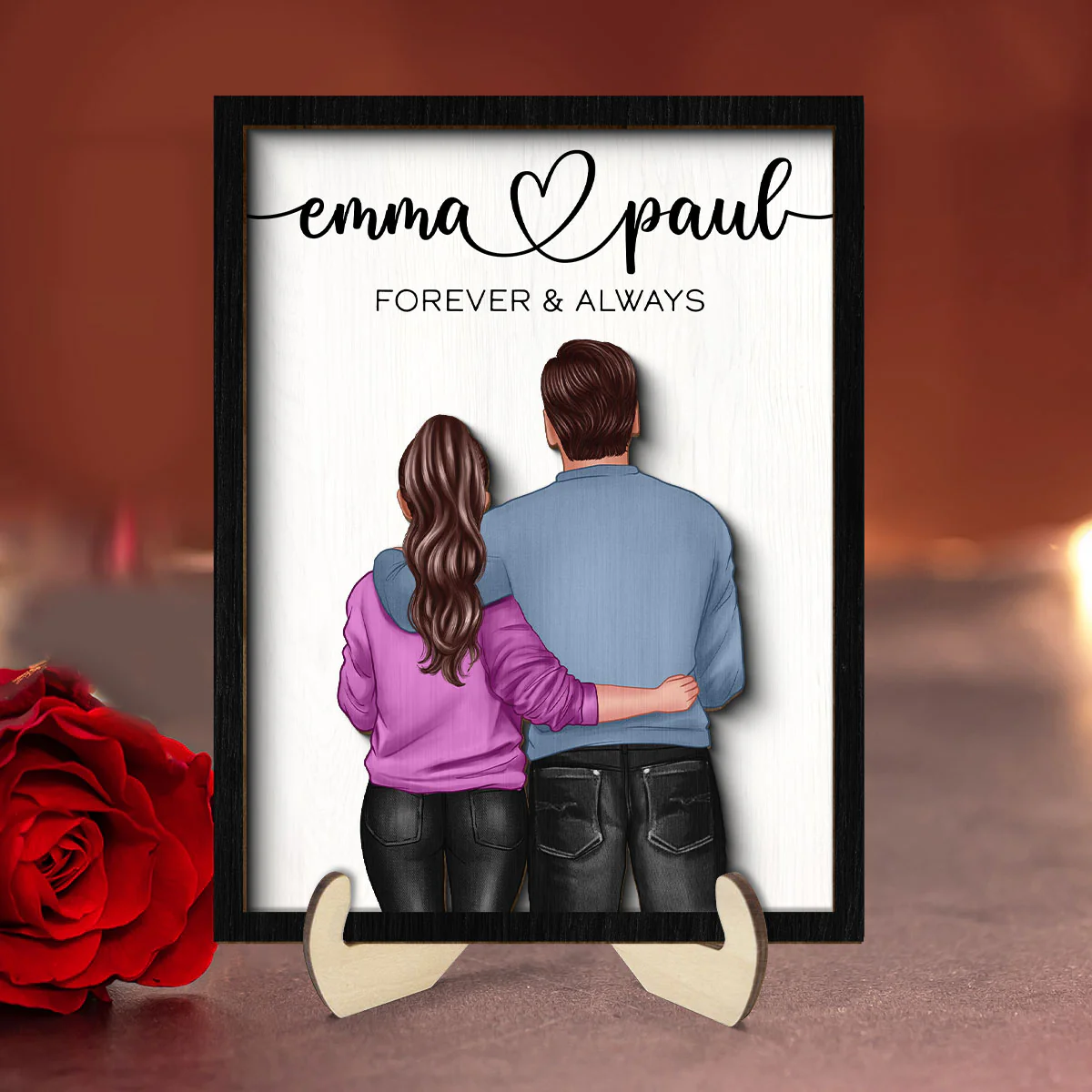 Couple Forever & Always Standing Back View Valentine‘s Day Gift For Him Gift For Her Personalized 2-Layer Wooden Plaque - Image 8