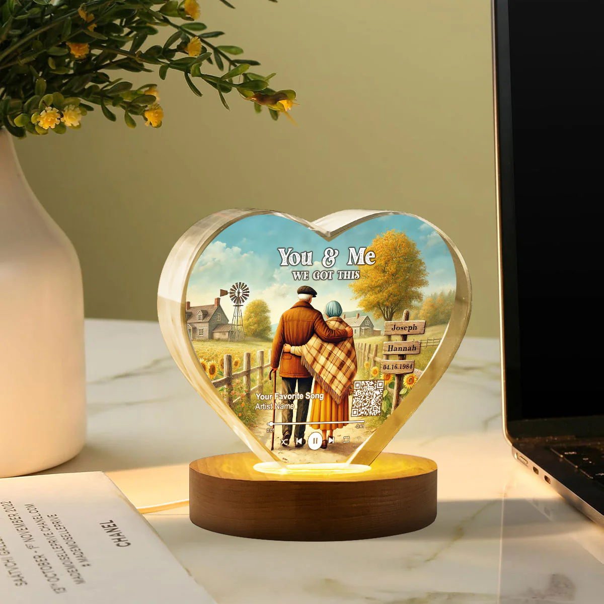 Couple Growing Old Together Favorite Song Scannable QR Code Personalized Premium Crystal Heart LED, Free Shipping Included - Image 4