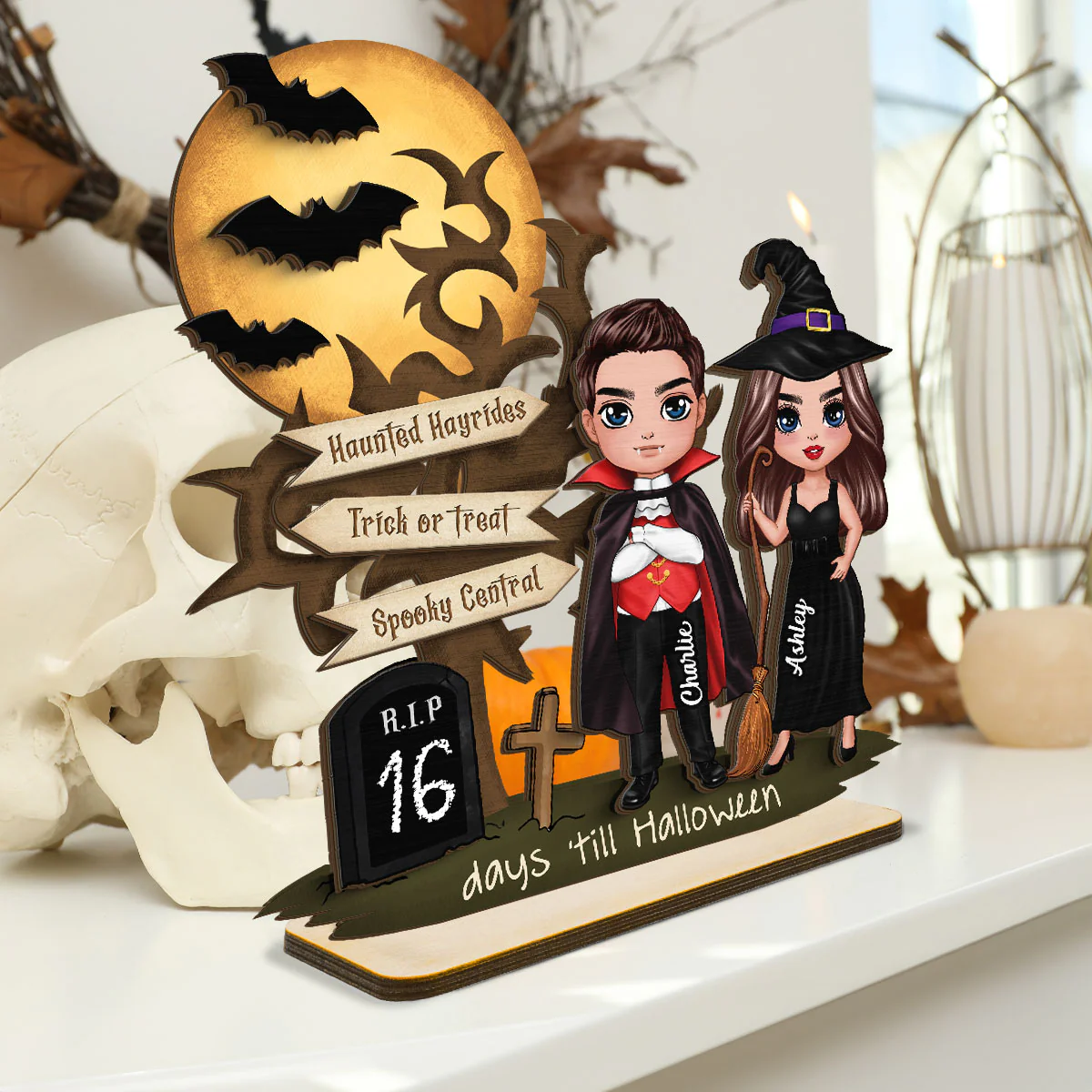 Couple Halloween Countdown Moon Bat Tree Personalized 2-Layer Standing Wooden Plaque - Image 3