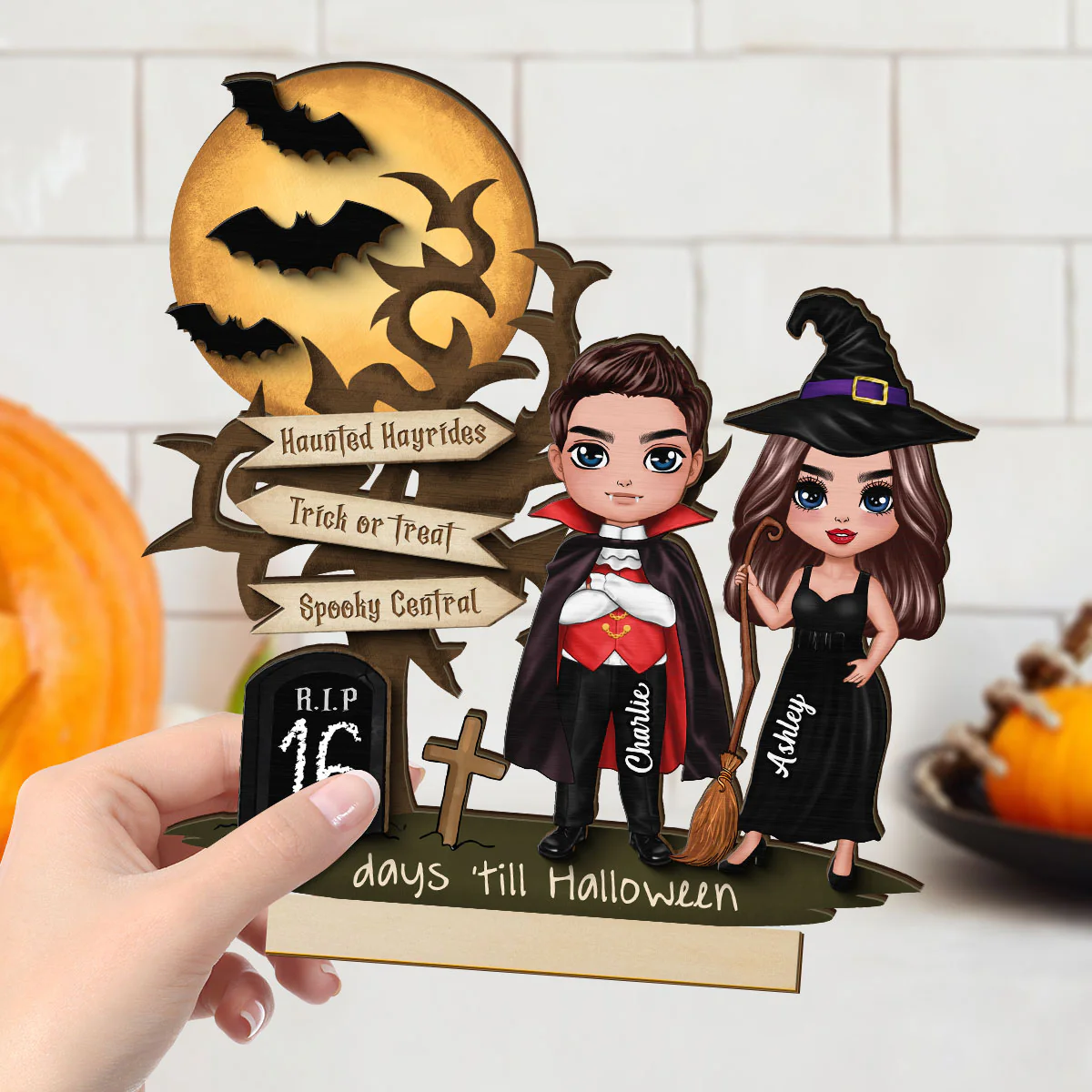Couple Halloween Countdown Moon Bat Tree Personalized 2-Layer Standing Wooden Plaque - Image 4