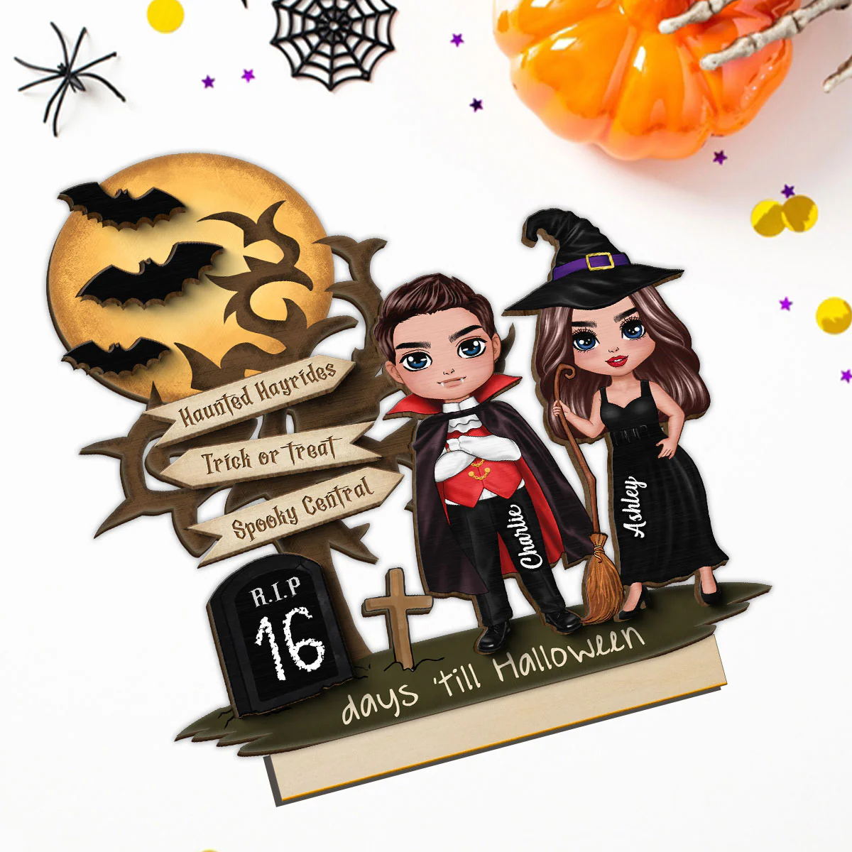 Couple Halloween Countdown Moon Bat Tree Personalized 2-Layer Standing Wooden Plaque - Image 5